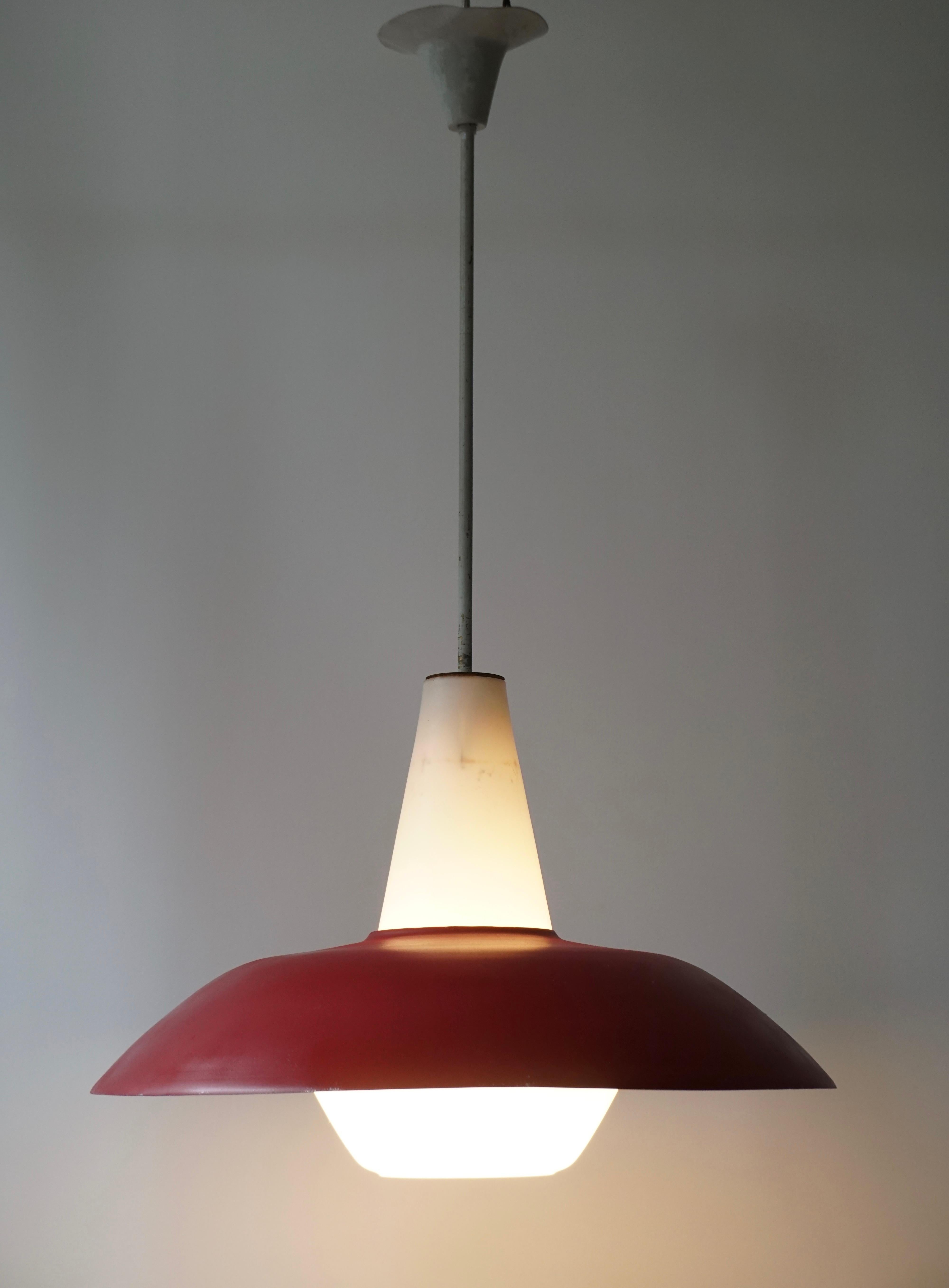 Midcentury Pendant in Metal and Opaline Glass In Good Condition For Sale In Antwerp, BE