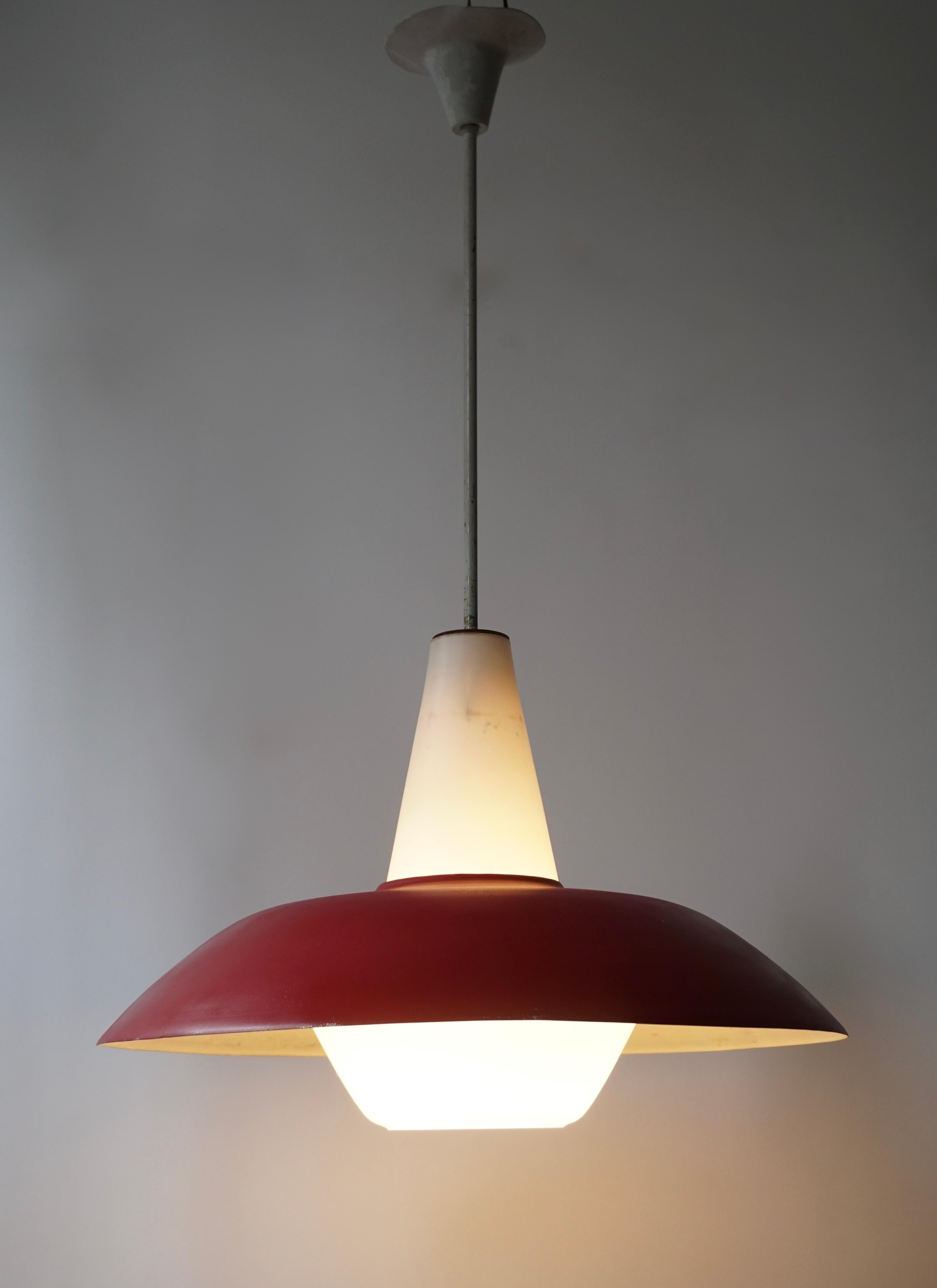 20th Century Midcentury Pendant in Metal and Opaline Glass For Sale