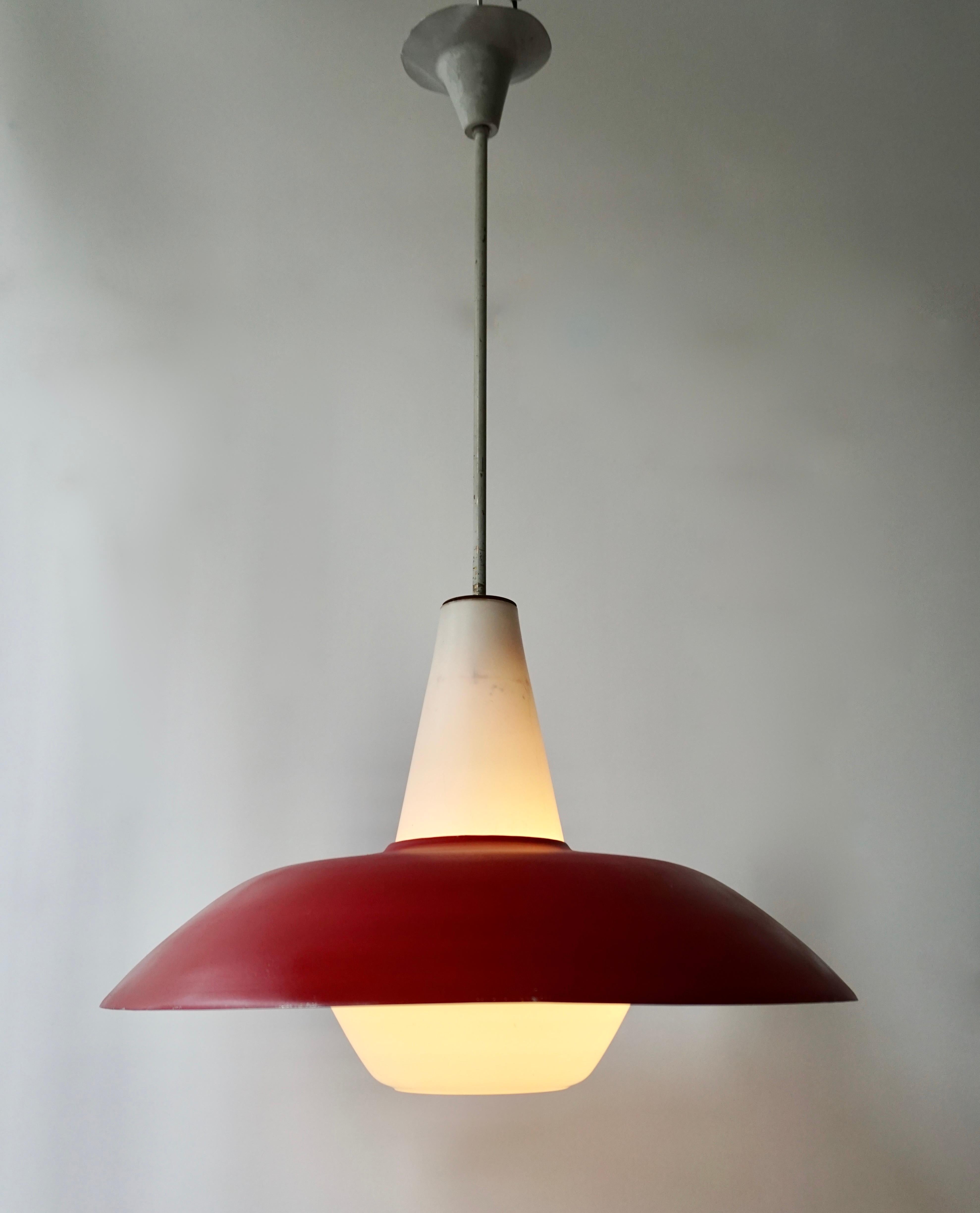 Midcentury Pendant in Metal and Opaline Glass For Sale 1