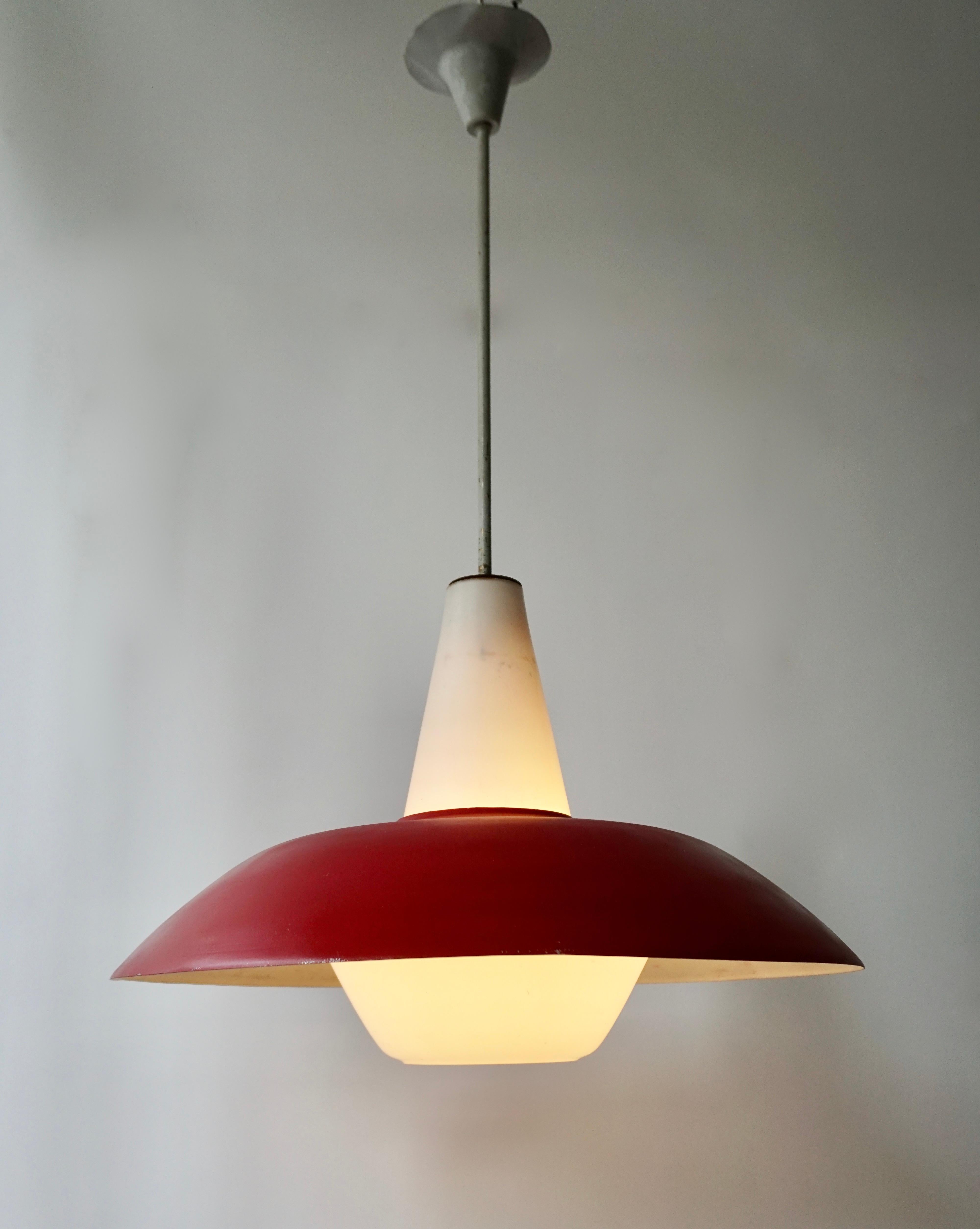 Midcentury Pendant in Metal and Opaline Glass For Sale 2