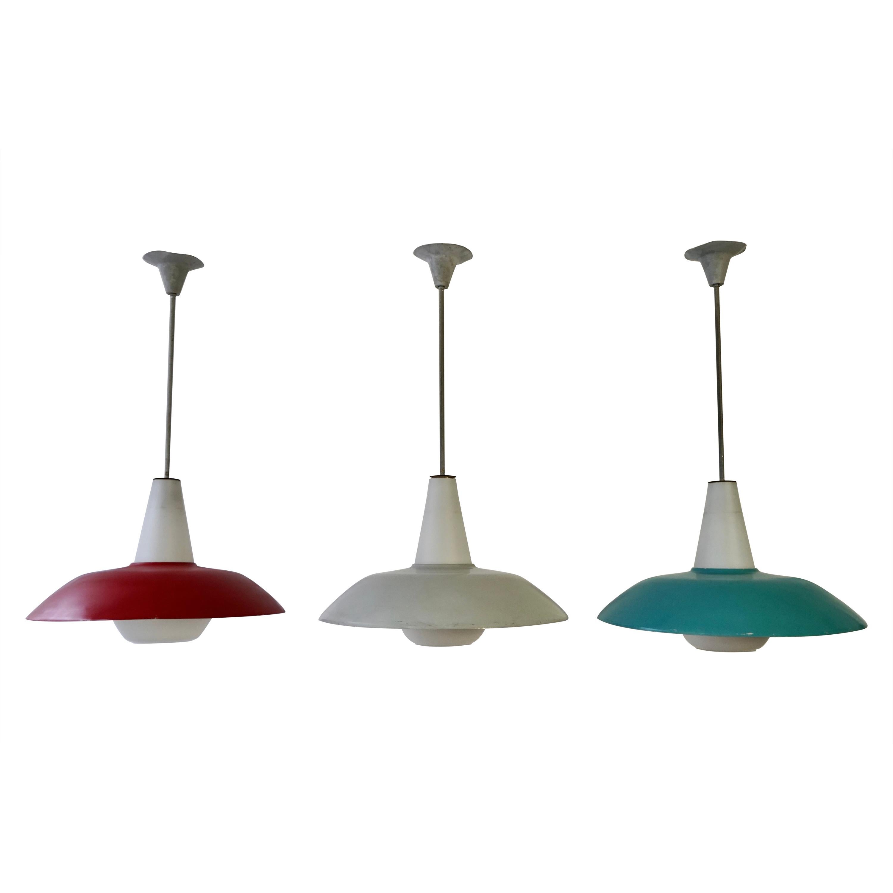 Midcentury Pendant in Metal and Opaline Glass
