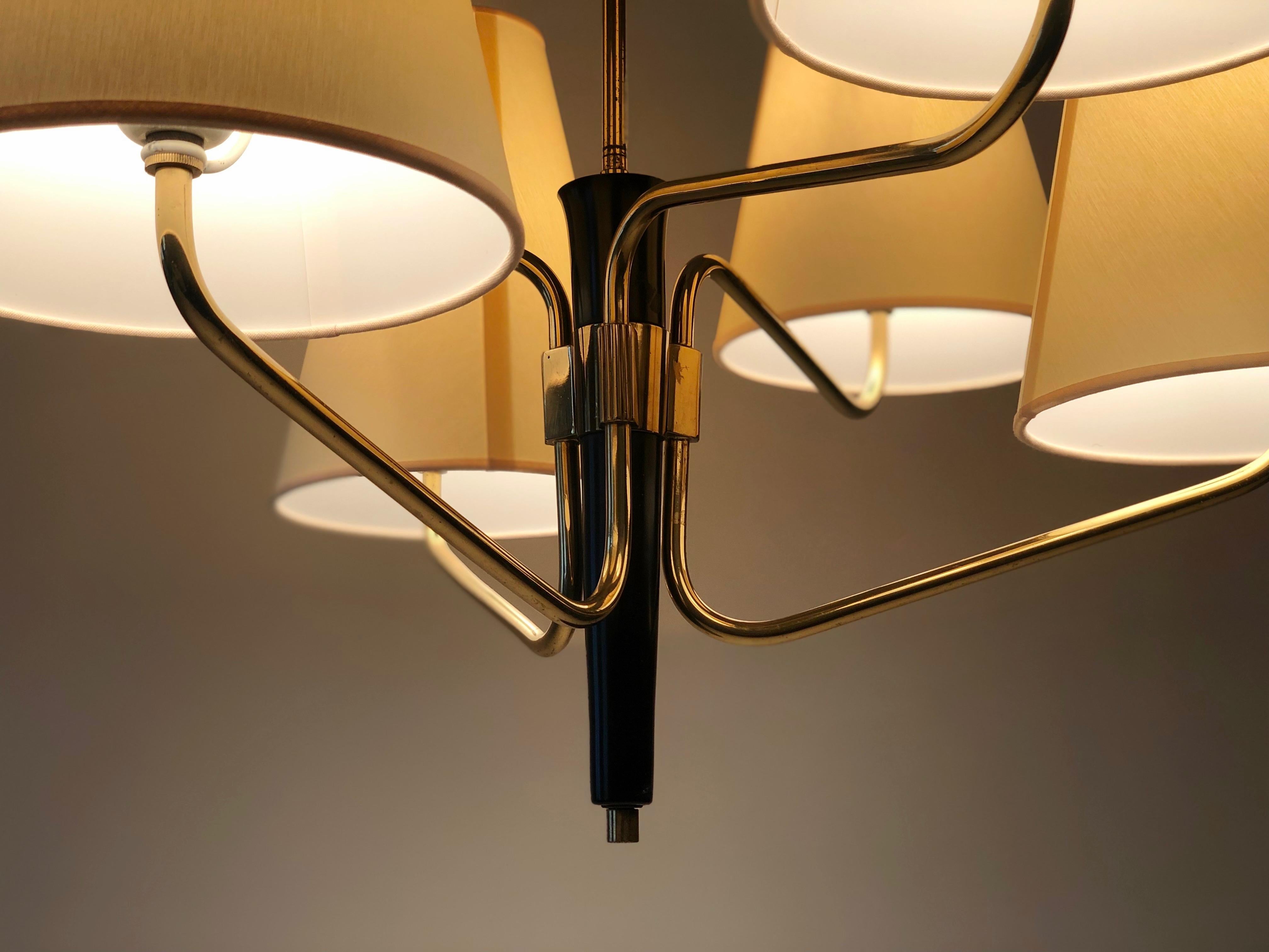 Midcentury Pendant Lamp in Brass from Rupert Nikoll, Austria with 6 Silk Shades For Sale 8