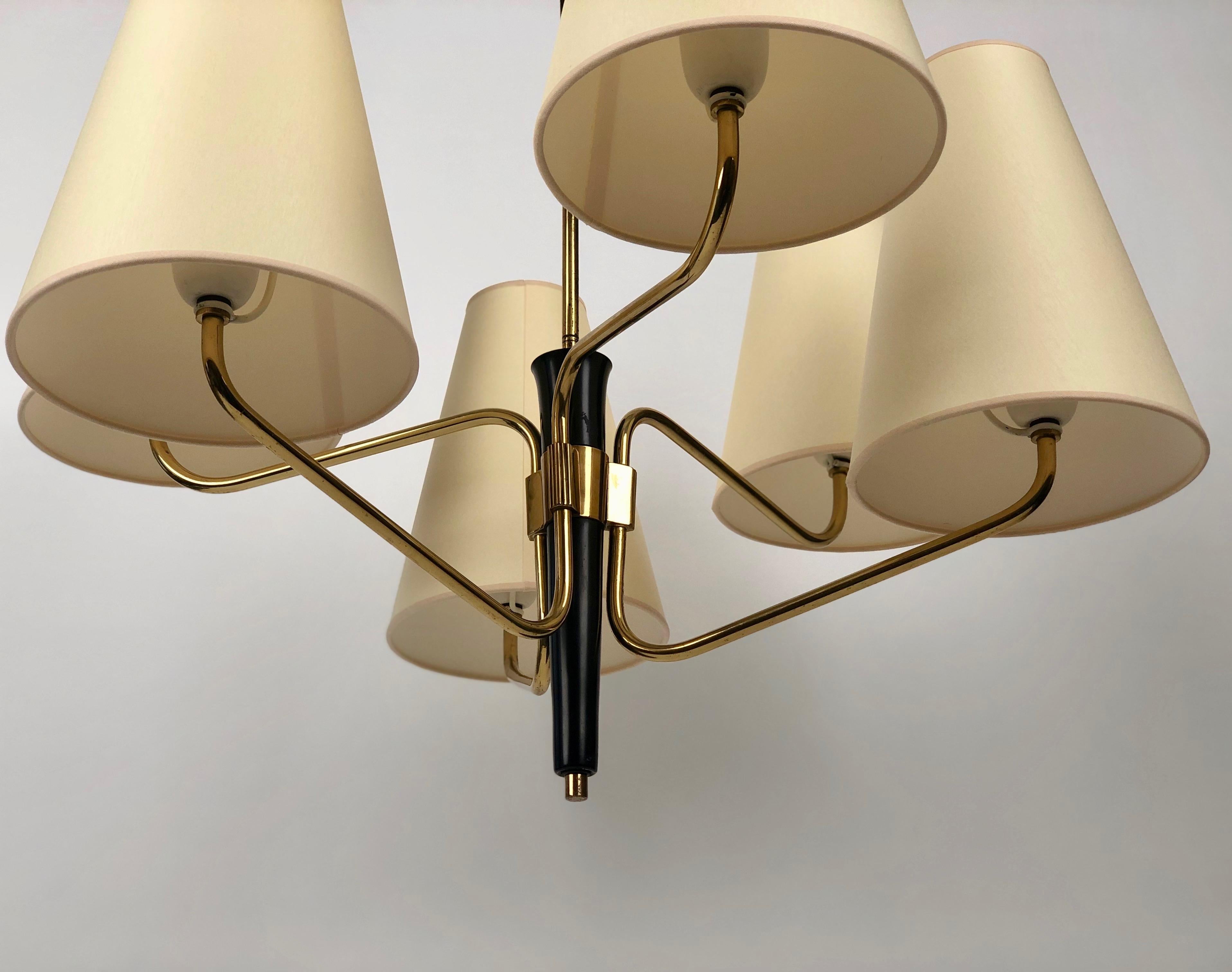 Austrian Midcentury Pendant Lamp in Brass from Rupert Nikoll, Austria with 6 Silk Shades For Sale