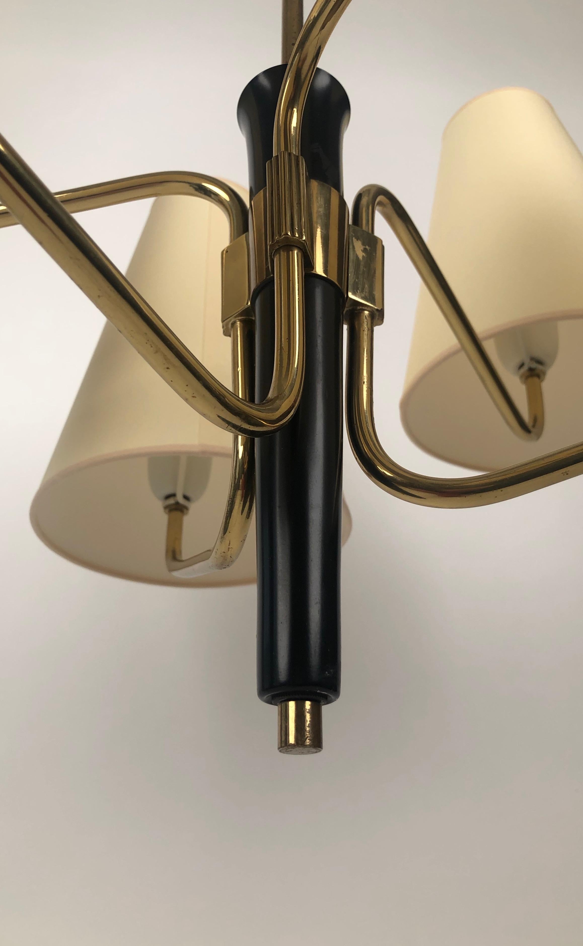 Mid-20th Century Midcentury Pendant Lamp in Brass from Rupert Nikoll, Austria with 6 Silk Shades For Sale