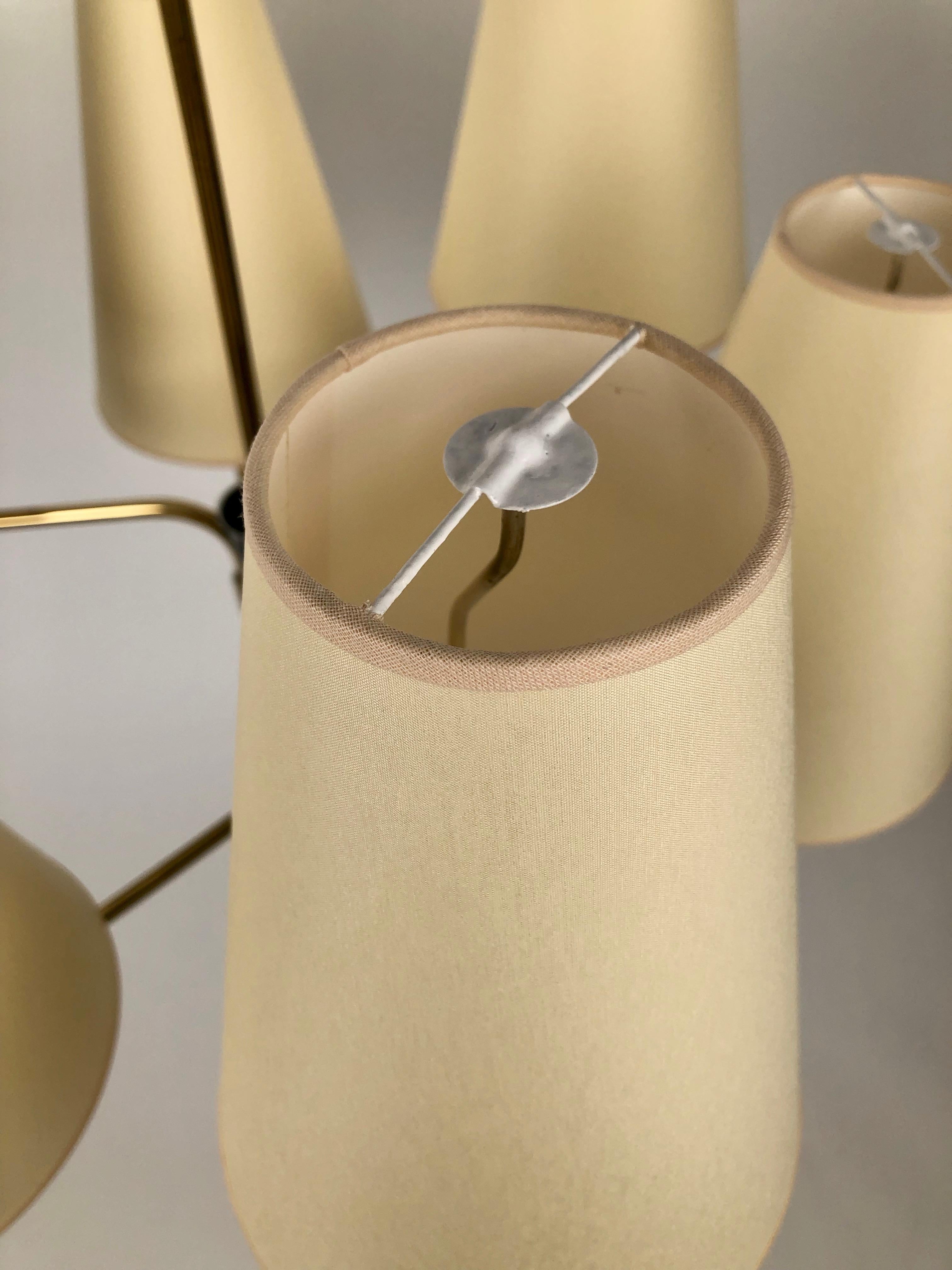 Midcentury Pendant Lamp in Brass from Rupert Nikoll, Austria with 6 Silk Shades For Sale 1