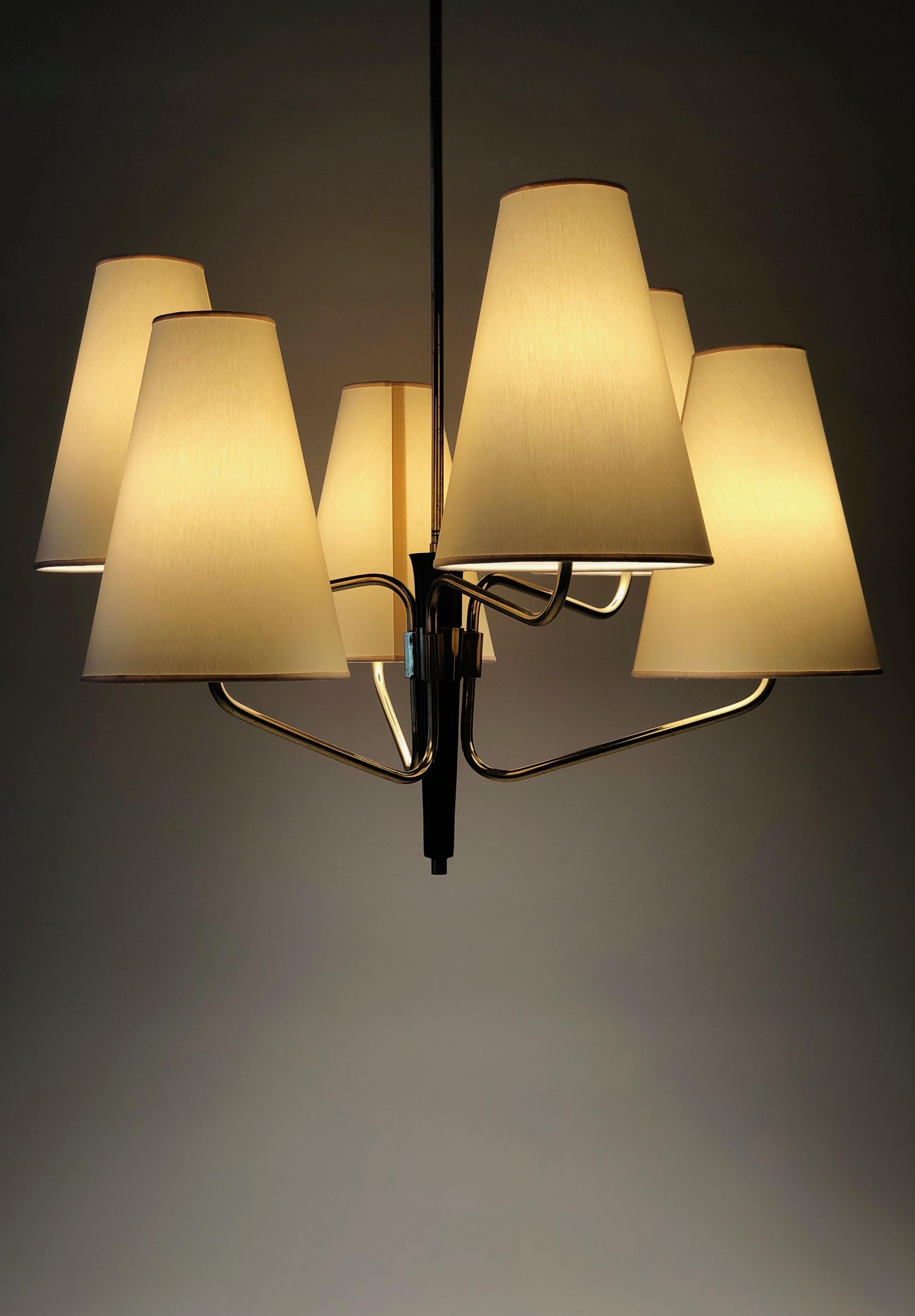 Midcentury Pendant Lamp in Brass from Rupert Nikoll, Austria with 6 Silk Shades For Sale 2