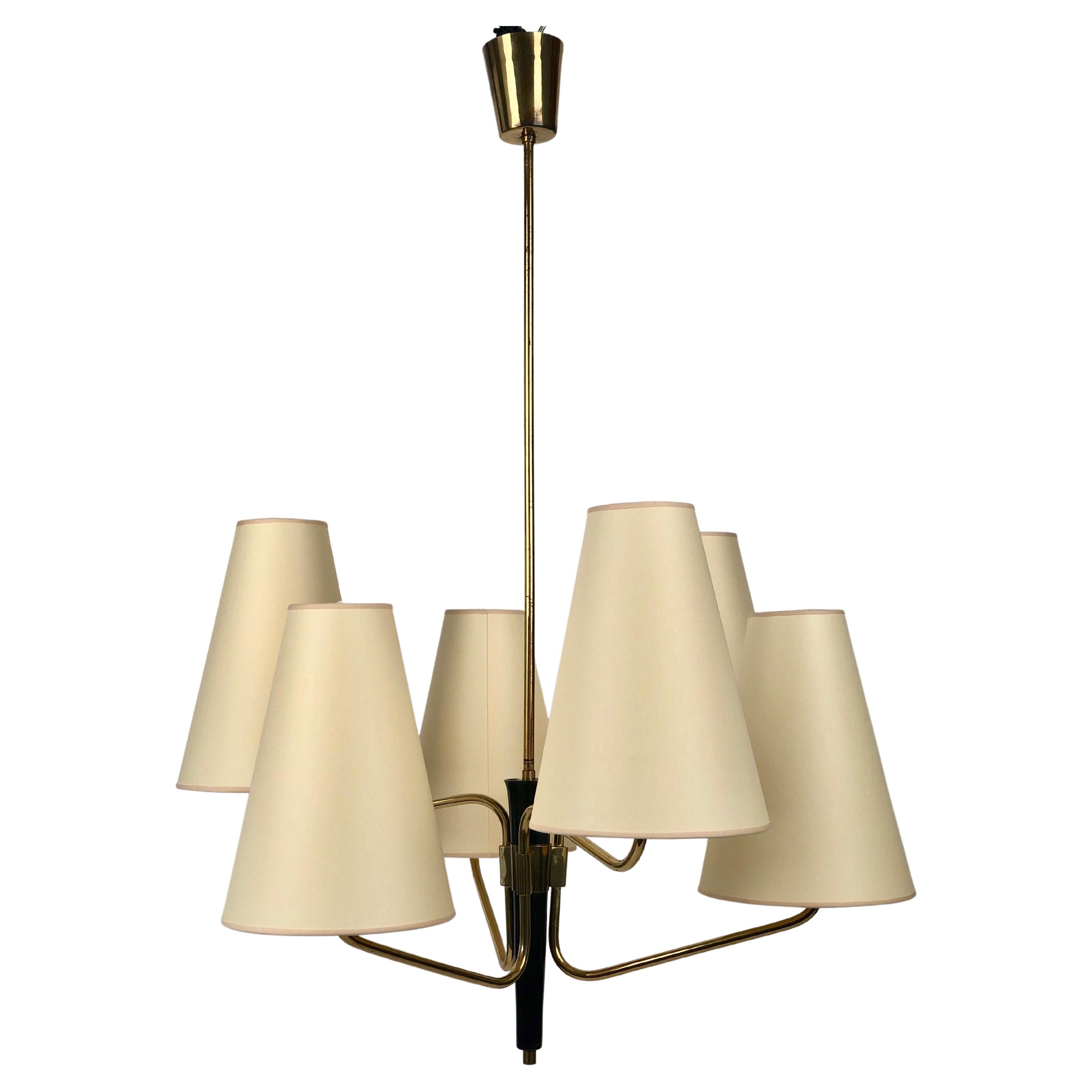 Midcentury Pendant Lamp in Brass from Rupert Nikoll, Austria with 6 Silk Shades