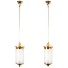 Midcentury Pendant Lamps Pair Chinoiserie Brass Glass Lights, circa 1950