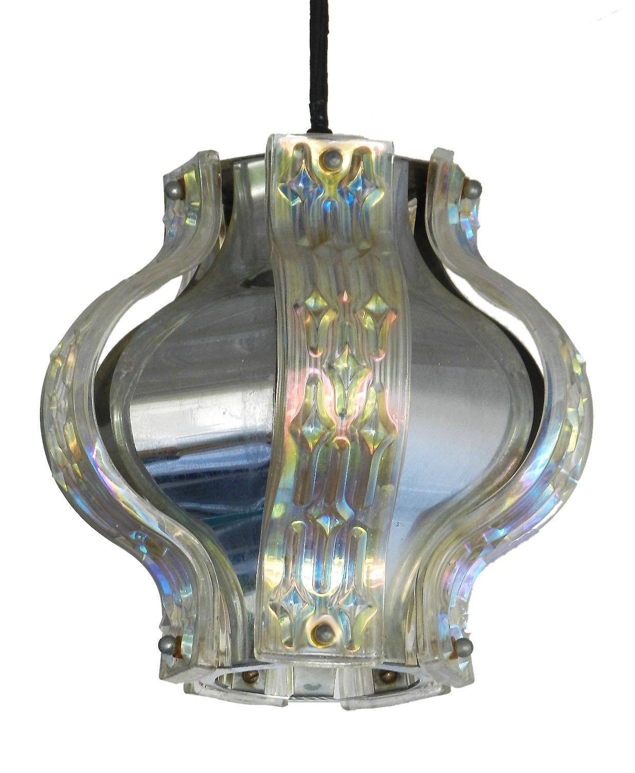 Mid-Century Modern Midcentury Pendant Light Chrome and Irridescent Glass Panels French For Sale