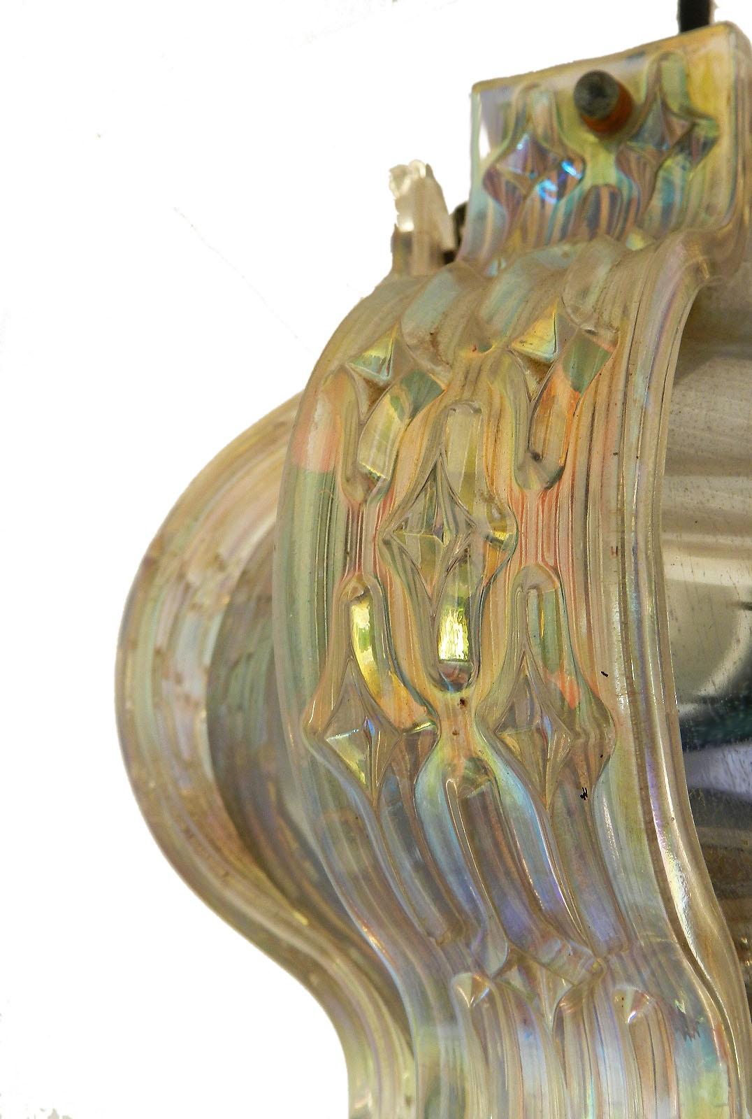 Midcentury Pendant Light Chrome and Irridescent Glass Panels French In Good Condition For Sale In Mimizan, FR