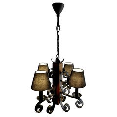 Midcentury Pendant Light Forget Metal and Oak With 4 Black Lampshades