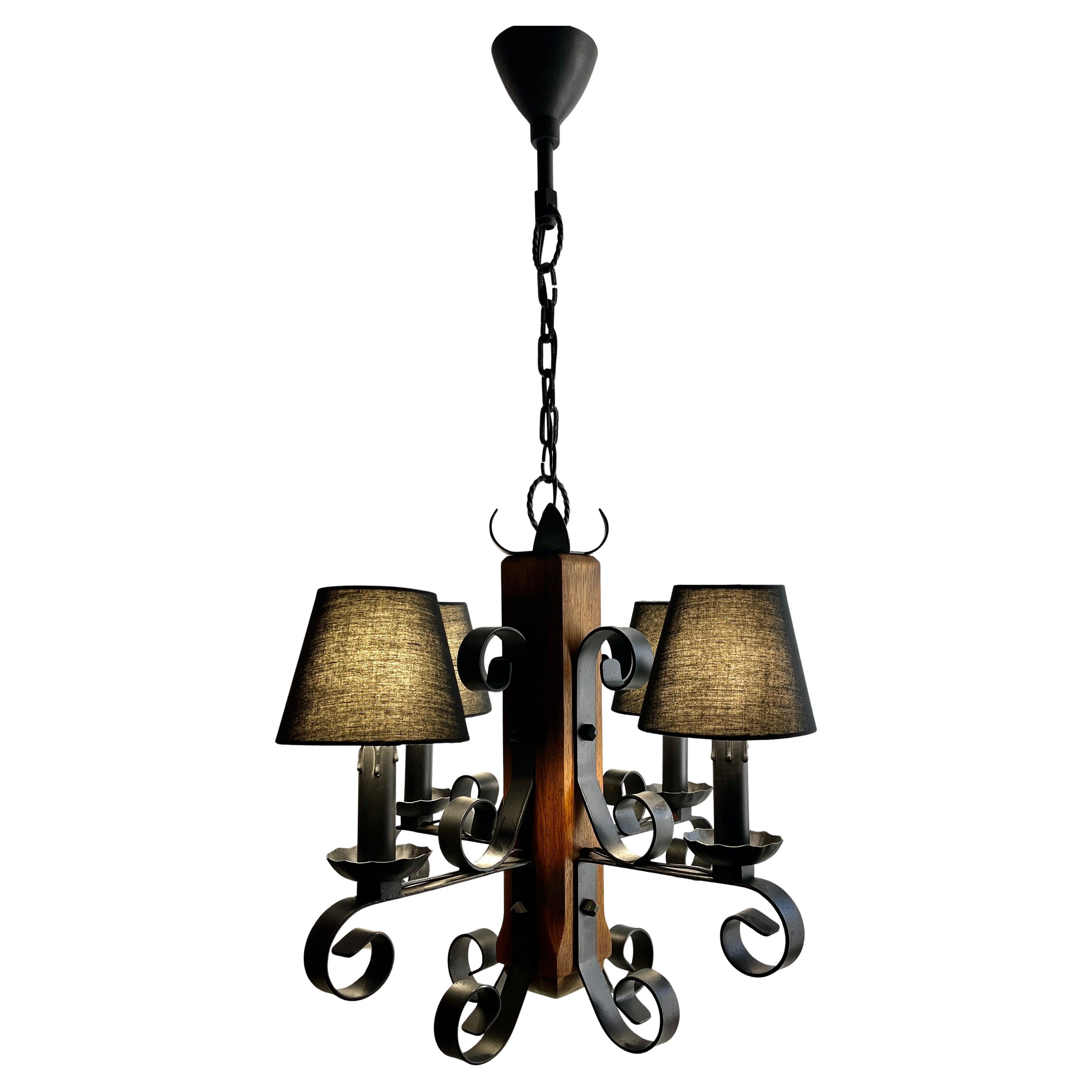 Midcentury Pendant Light Forget Metal and Oak With 4 Black Lampshades