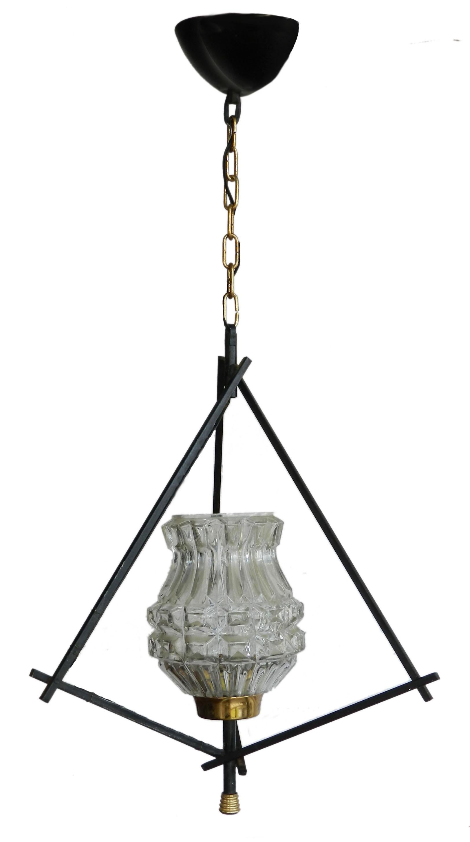 Midcentury pendant light lantern tripod metal frame 
Unusual glass and metal ceiling light
Measurements given are for the whole with chain as well as just the lantern itself
The drop can be adjusted
In good vintage condition with signs of age and