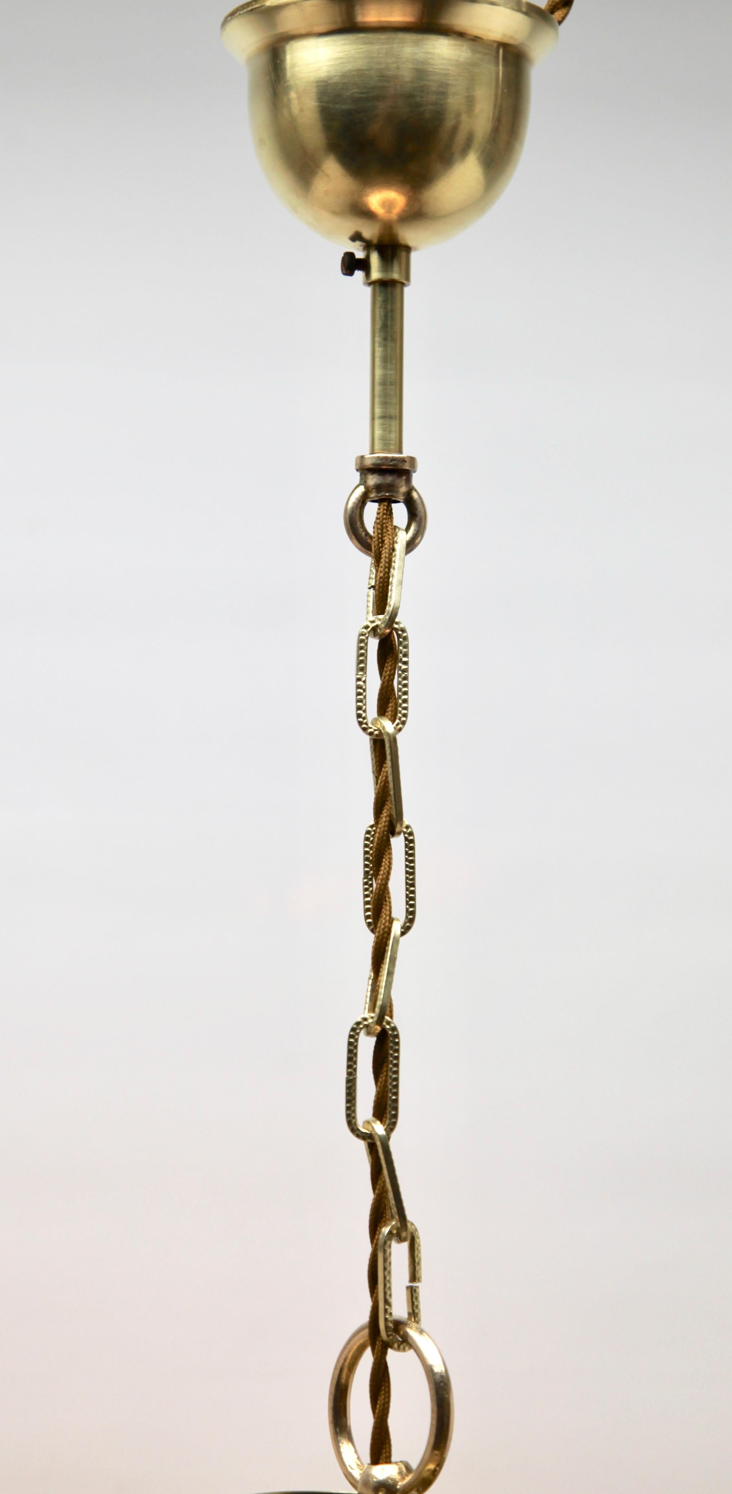 Midcentury Pendant Lobby Light Brass and Opaline Lampshade 3