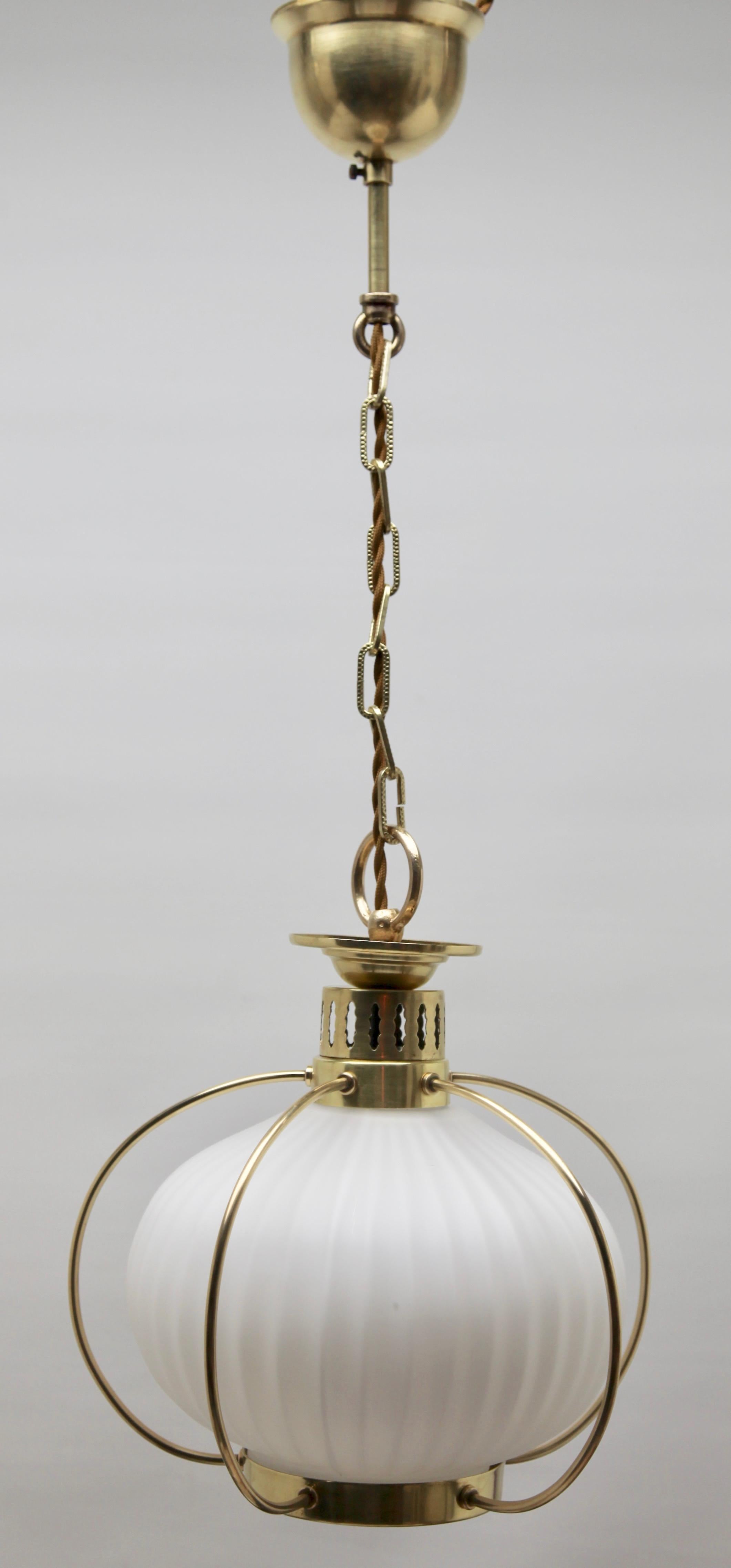 Mid-Century Modern Midcentury Pendant Lobby Light Brass and Opaline Lampshade