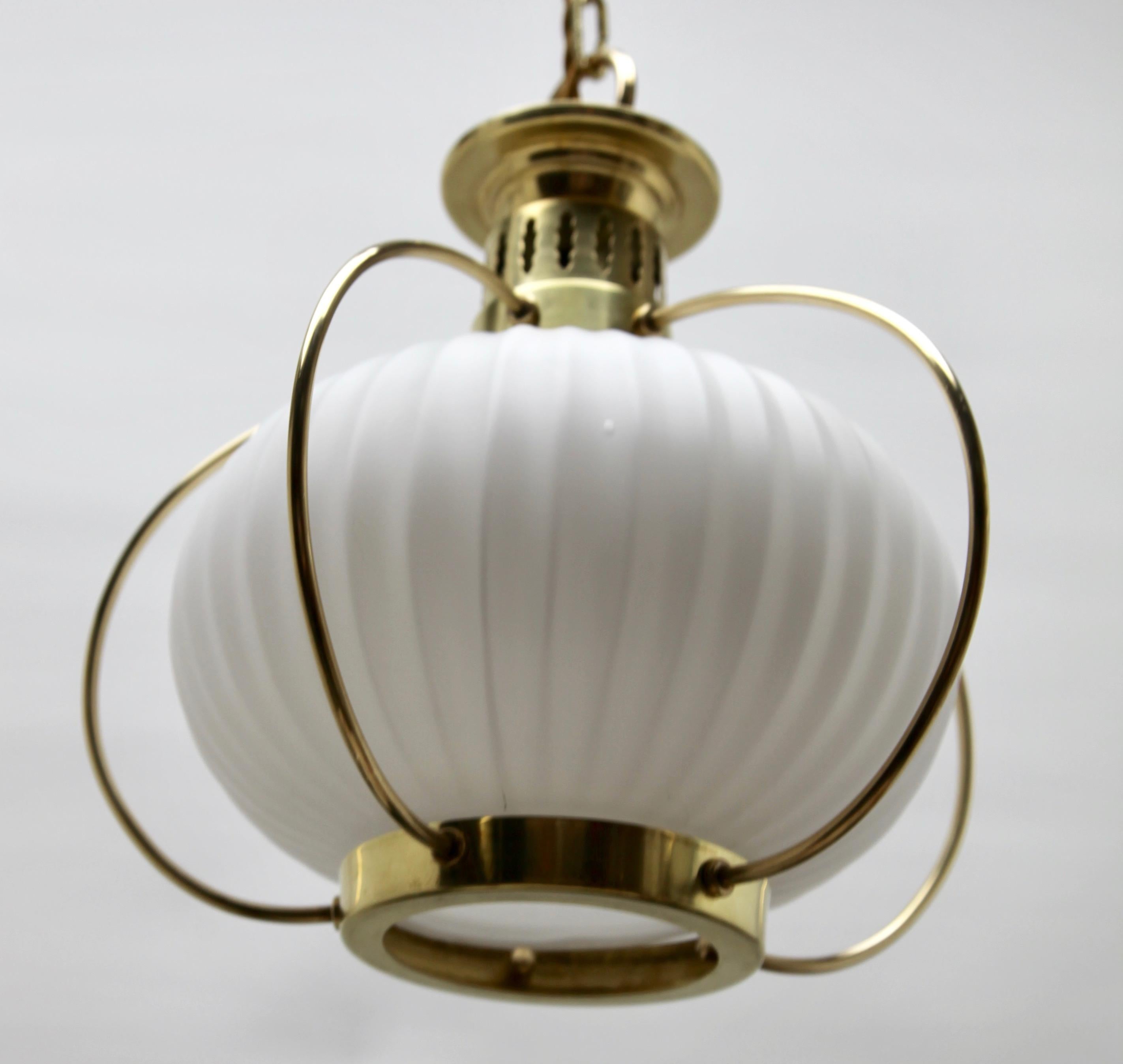 Belgian Midcentury Pendant Lobby Light Brass and Opaline Lampshade