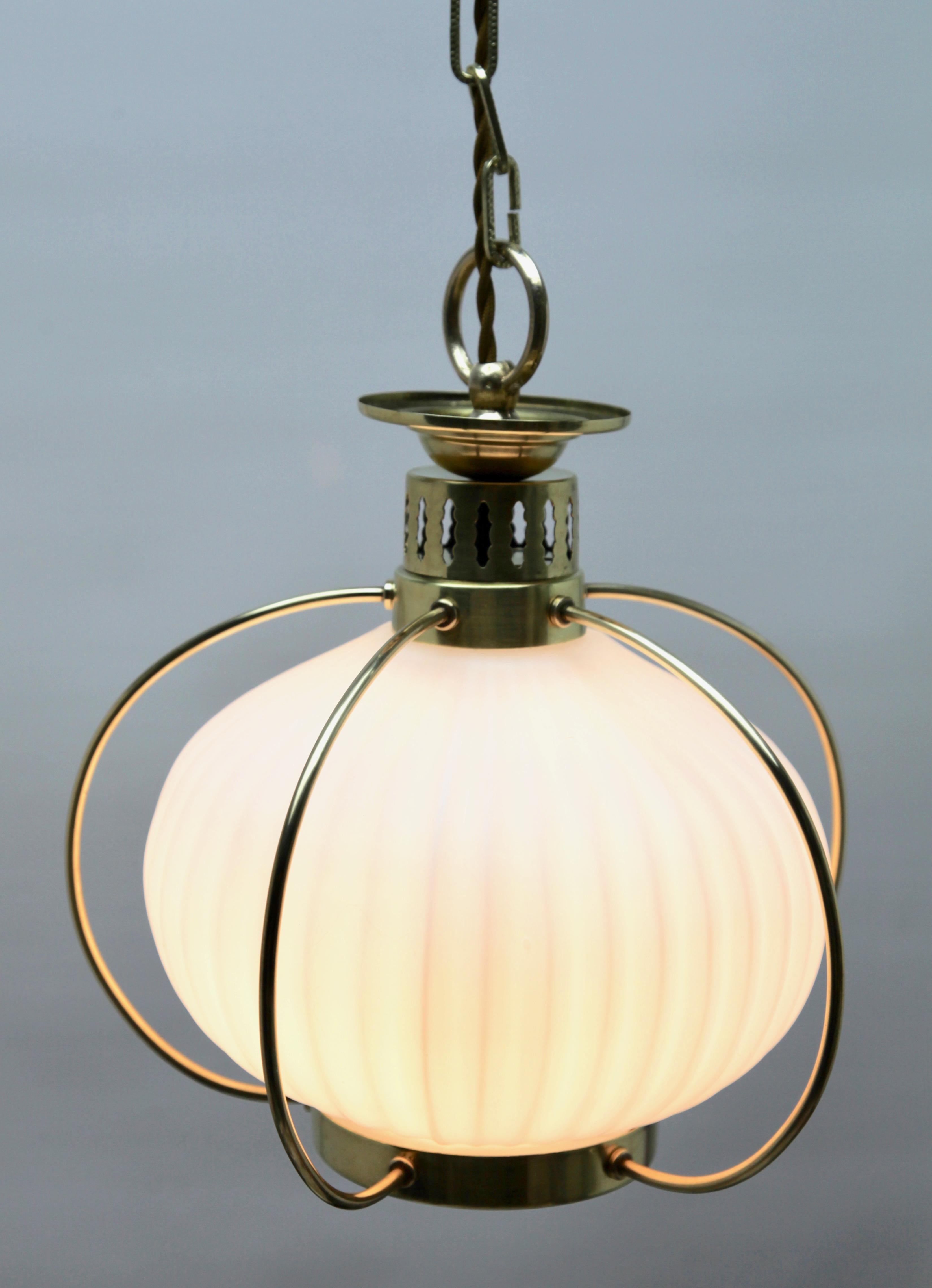Hand-Crafted Midcentury Pendant Lobby Light Brass and Opaline Lampshade