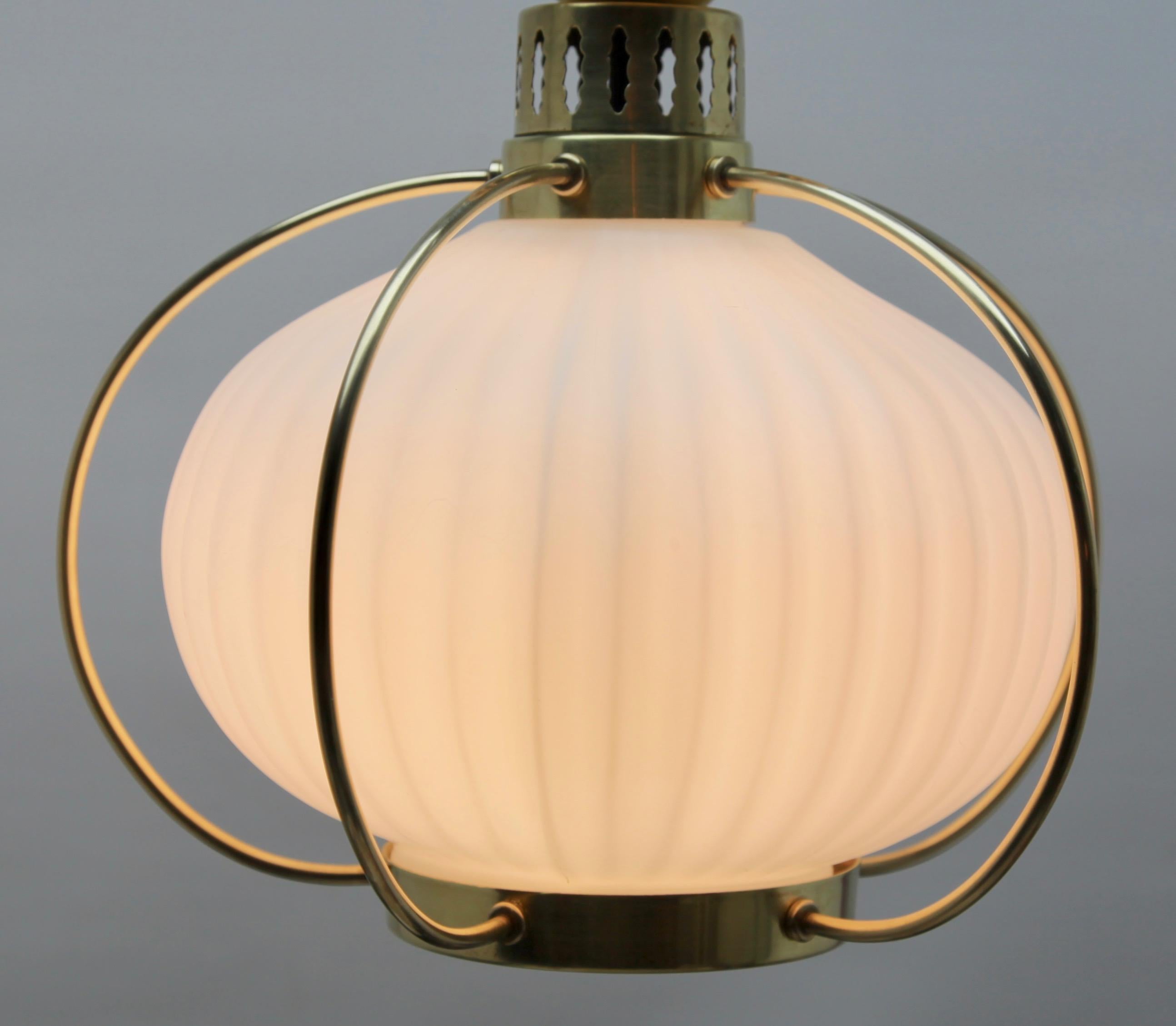 Midcentury Pendant Lobby Light Brass and Opaline Lampshade In Good Condition In Verviers, BE