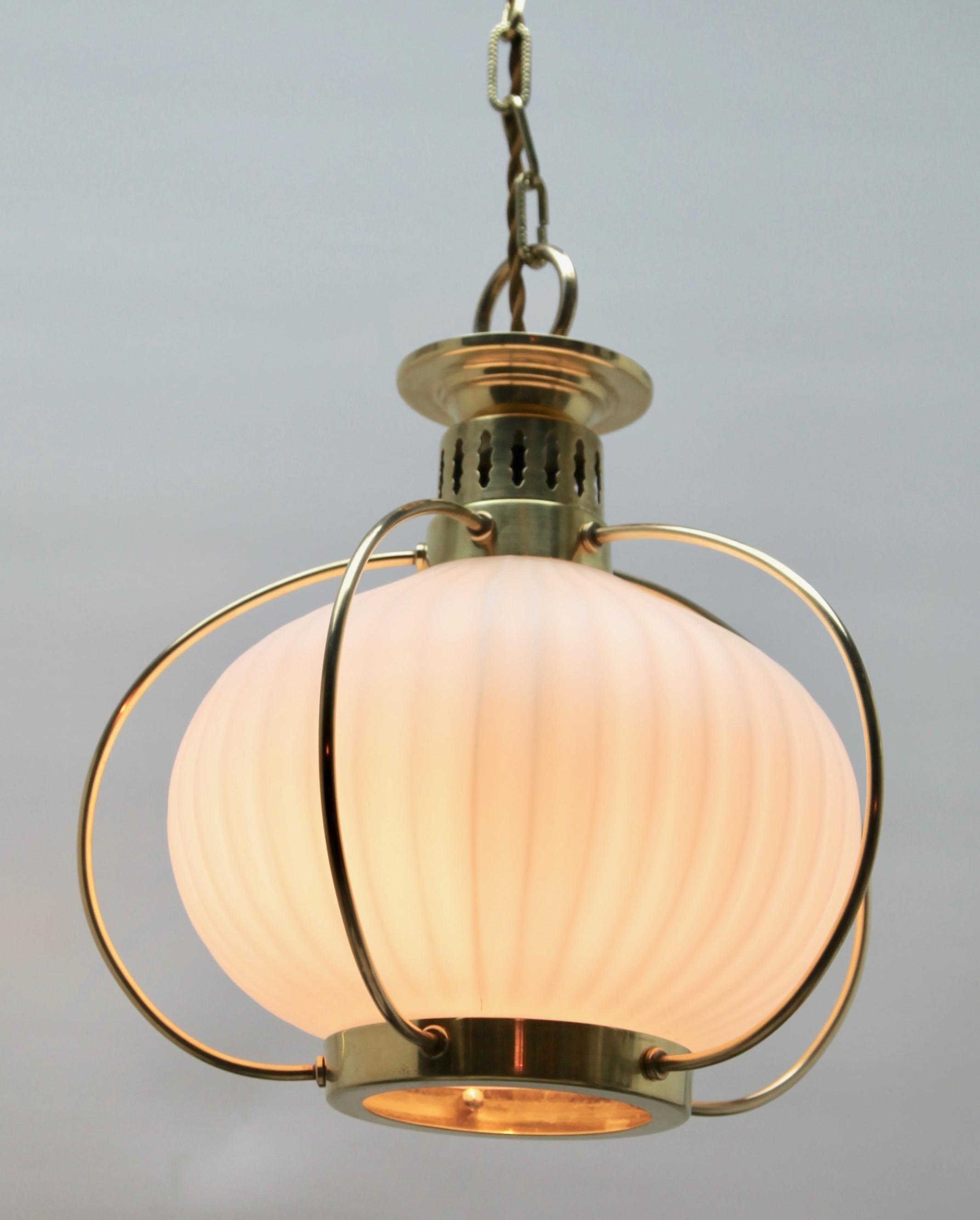 Mid-20th Century Midcentury Pendant Lobby Light Brass and Opaline Lampshade