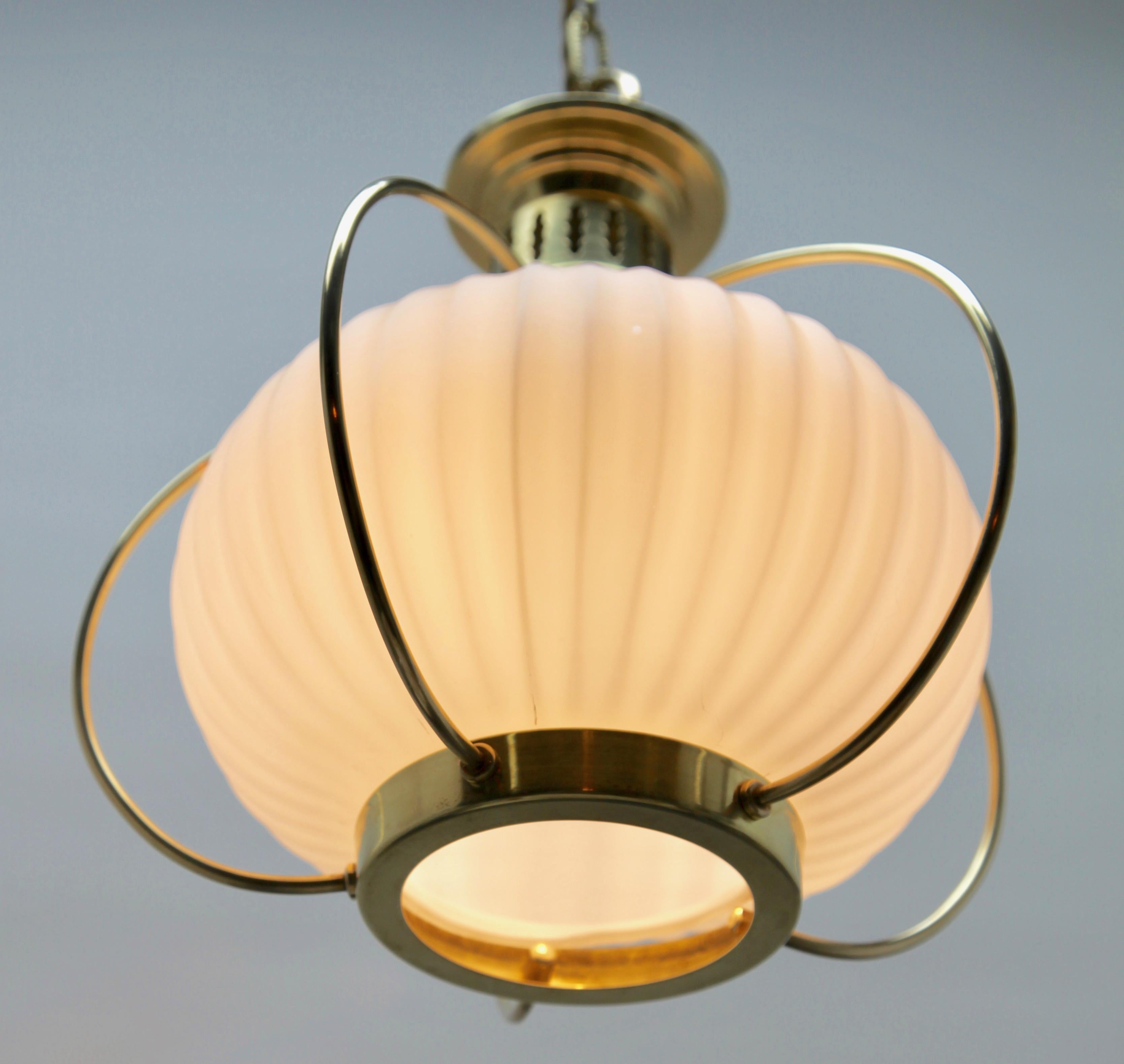 Midcentury Pendant Lobby Light Brass and Opaline Lampshade 1