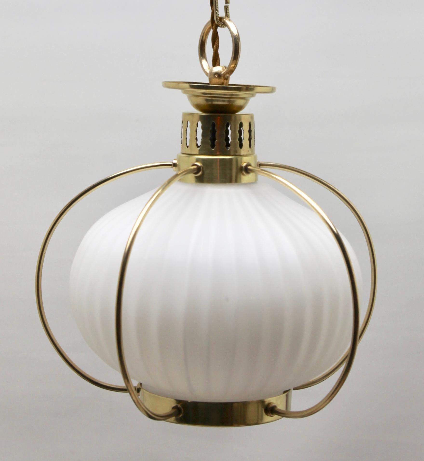 Midcentury Pendant Lobby Light Brass and Opaline Lampshade 2