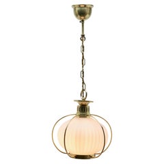 Midcentury Pendant Lobby Light Brass and Opaline Lampshade