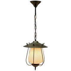 Midcentury Pendant Lobby Light Brass and Opaline Lampshade