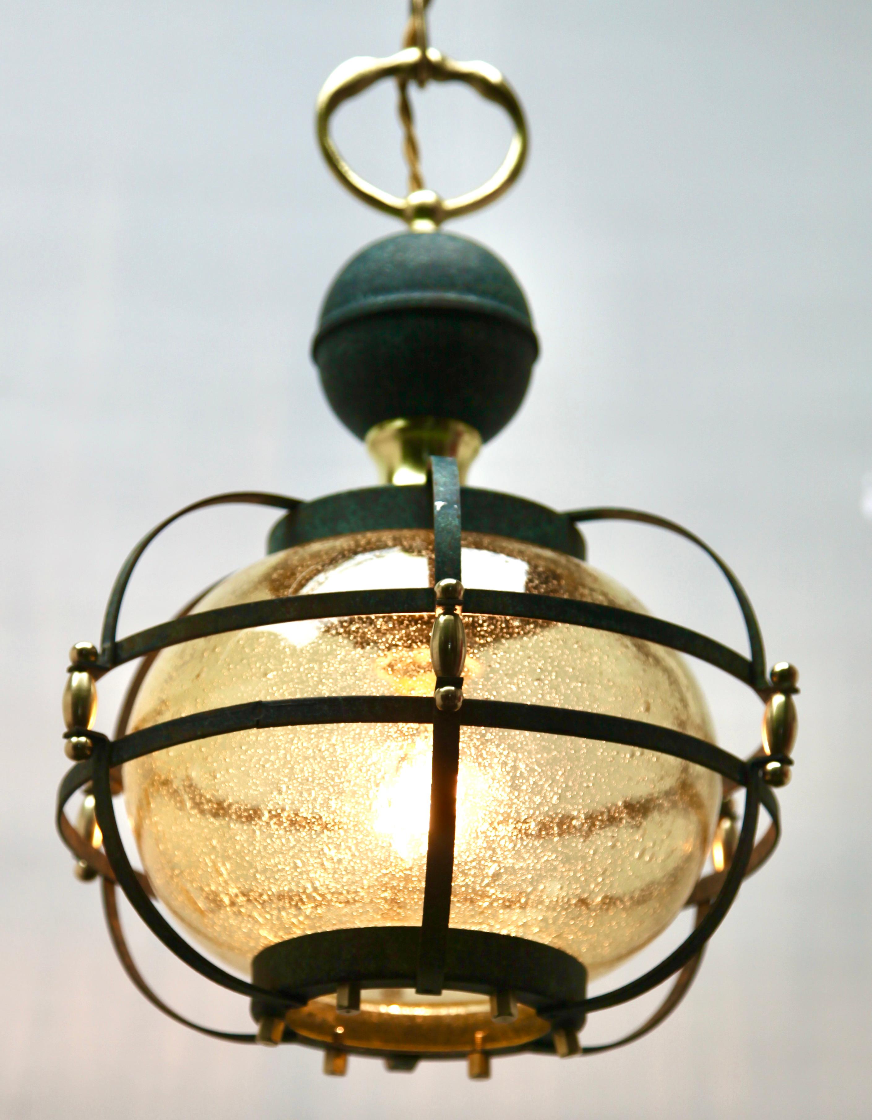 Mid-Century Pendant Lobby Light Forget Metal and Glass Lampshade For Sale 1