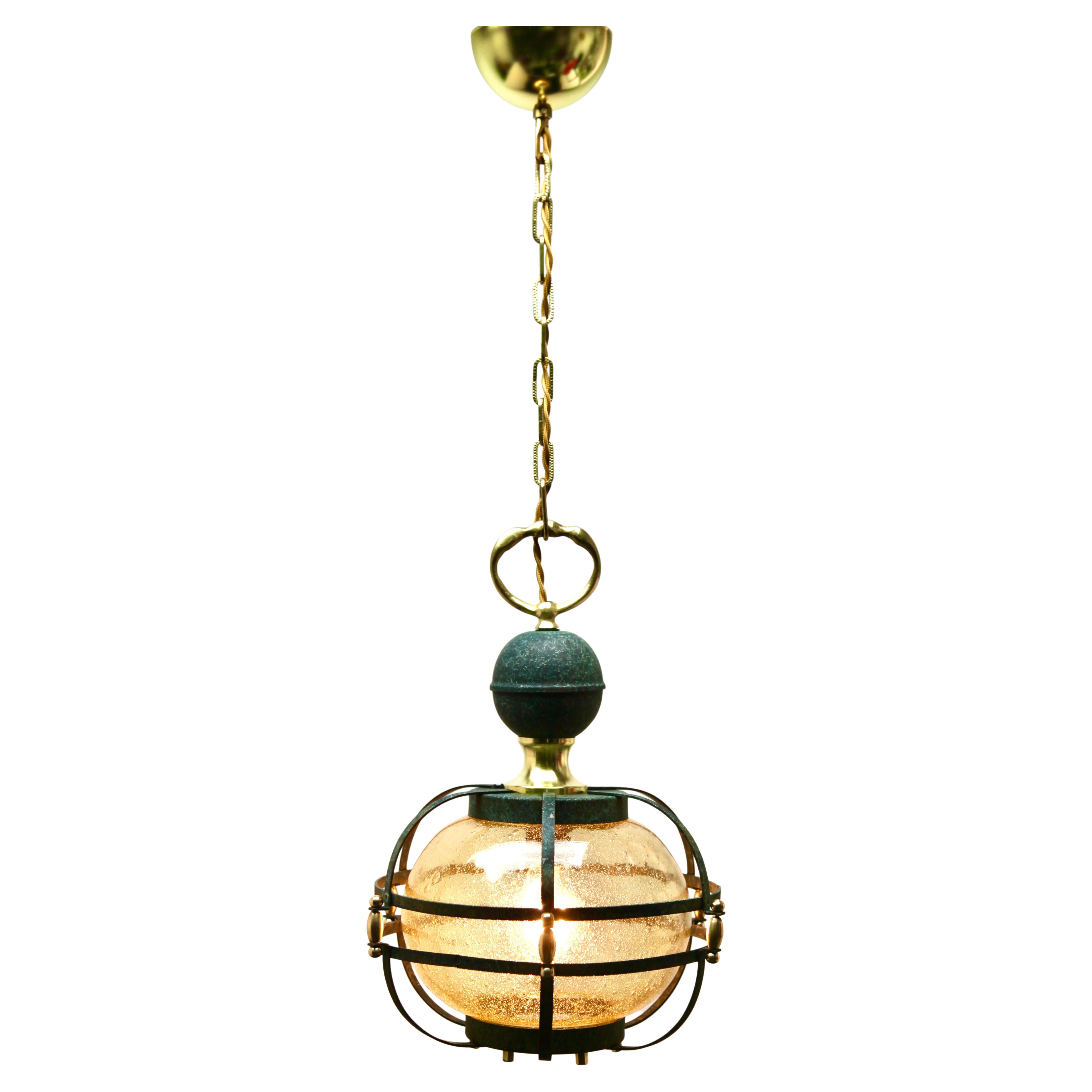 Mid-Century Pendant Lobby Light Forget Metal and Glass Lampshade For Sale