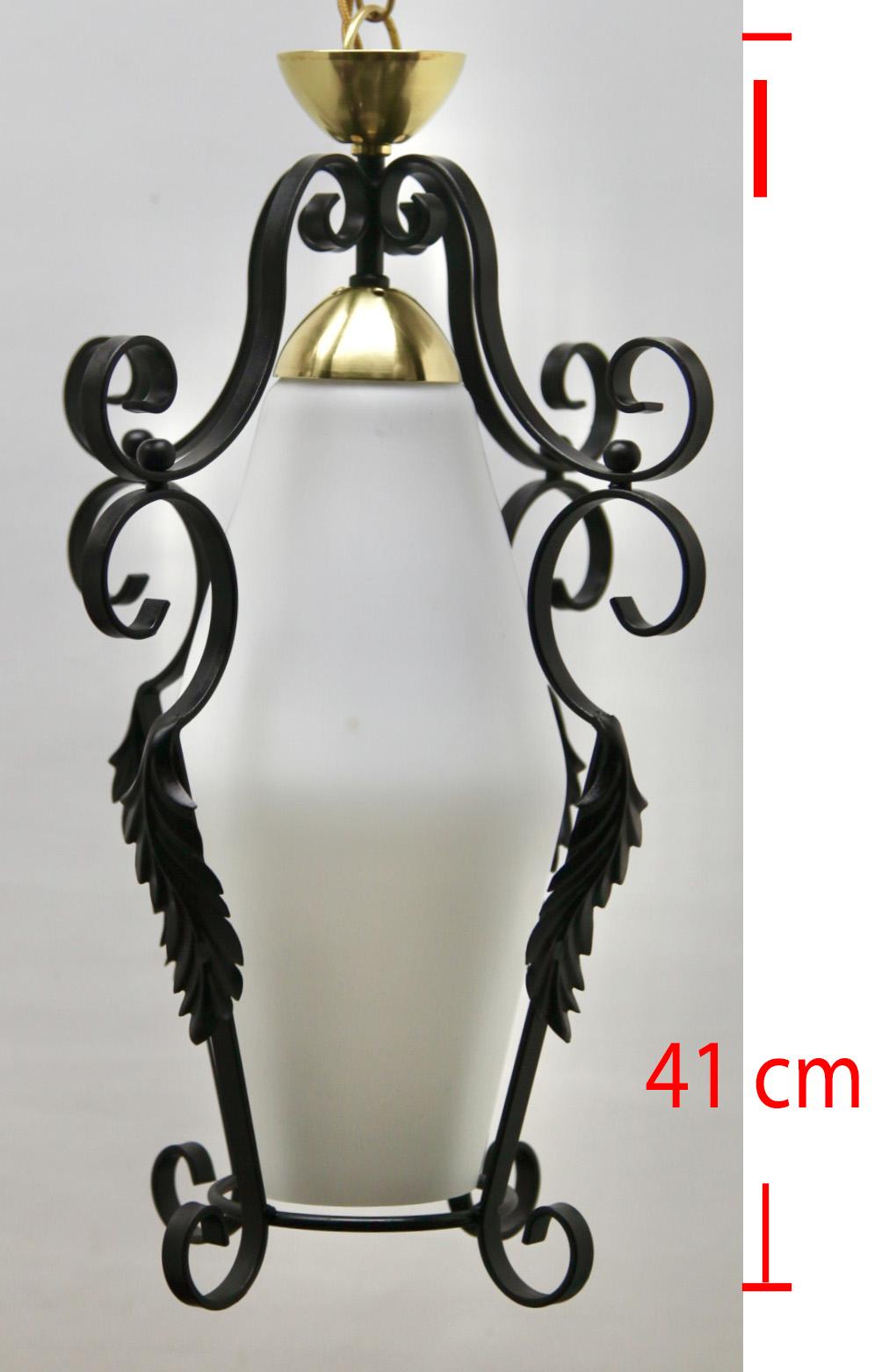 Midcentury Pendant Lobby Light Forget Metal and Opaline Lampshade For Sale 3