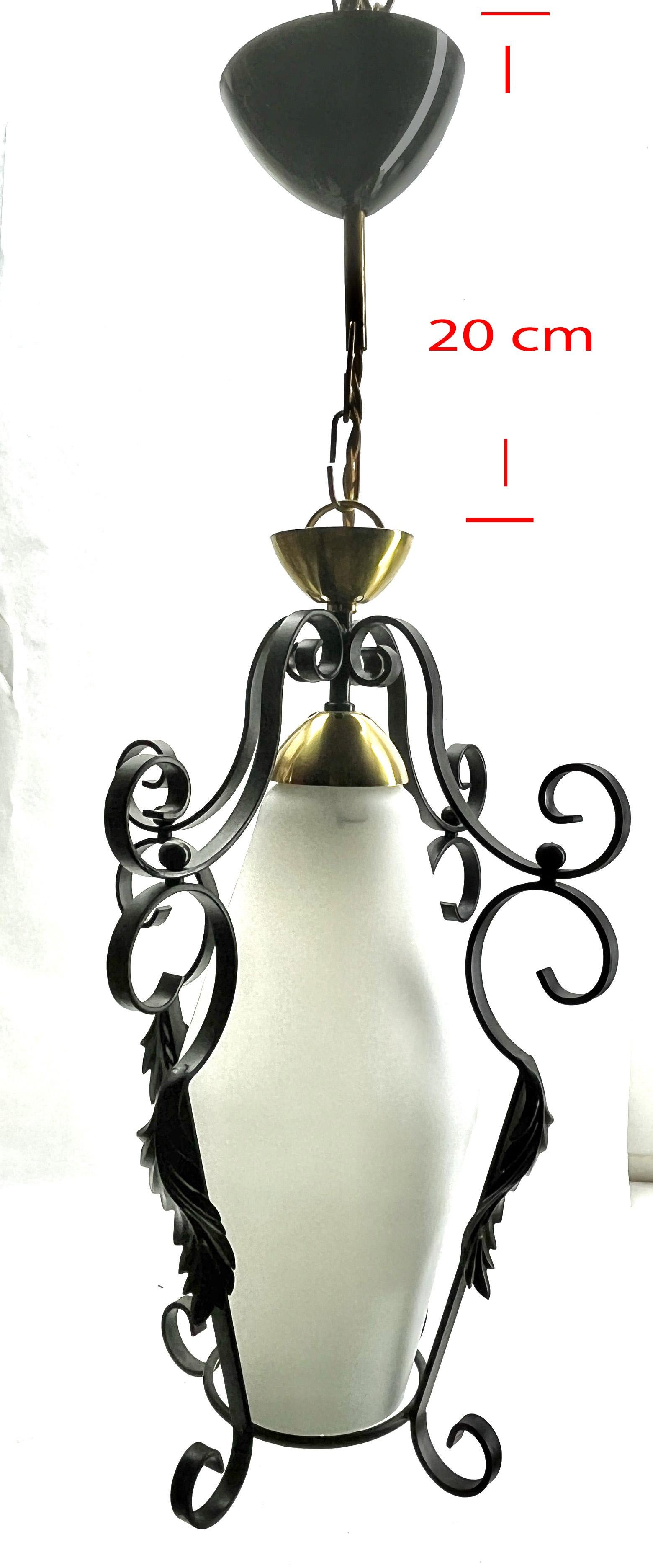 Midcentury Pendant Lobby Light Forget Metal and Opaline Lampshade For Sale 4