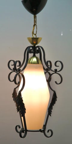 Midcentury Pendant Lobby Light Forget Metal and Opaline Lampshade