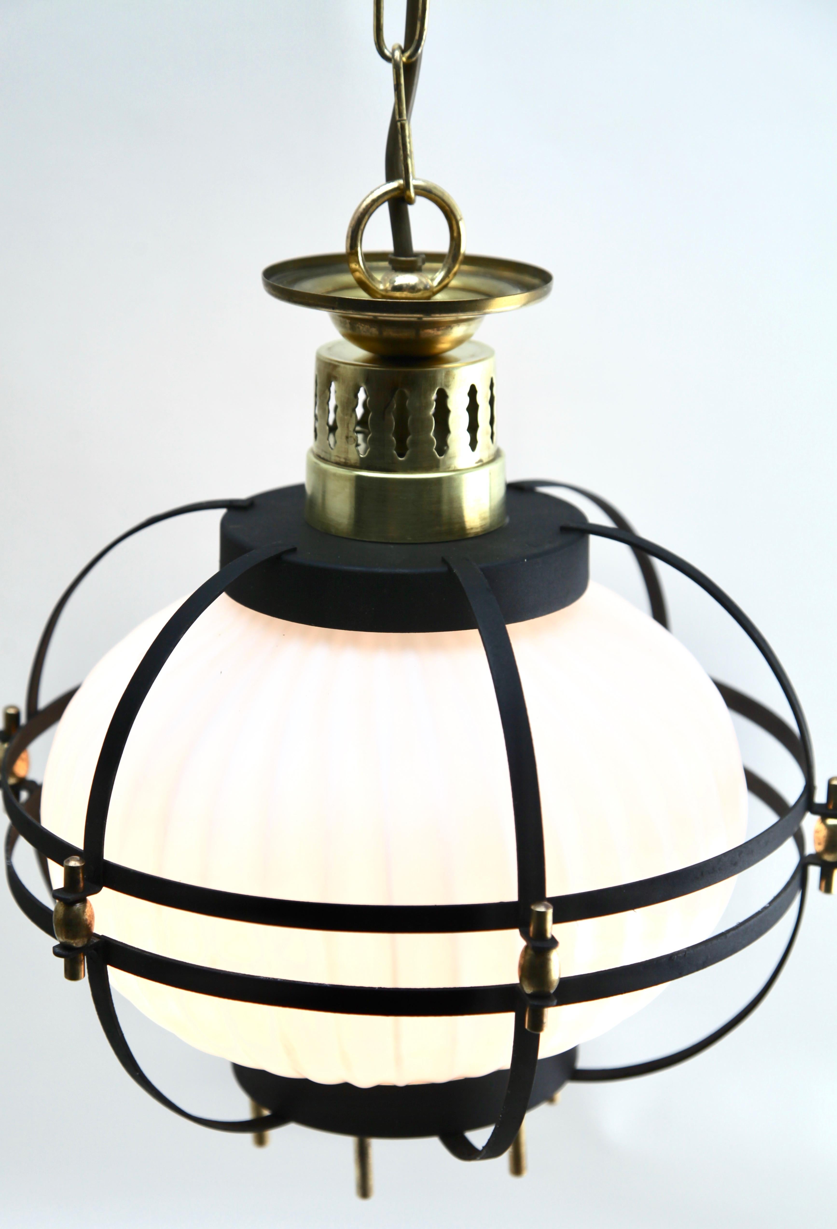 Mid-Century Modern Midcentury Pendant Lobby Light Forget Metal and Opaline Lampshade