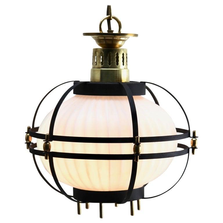 Mid-Century Modern Midcentury Pendant Lobby Light Forget Metal and Opaline Lampshade For Sale