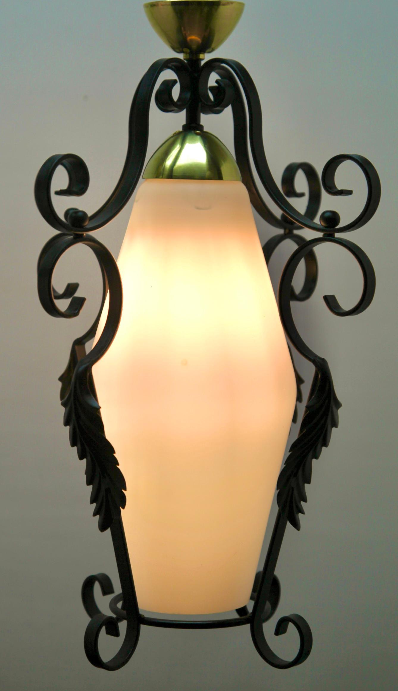 Belgian Midcentury Pendant Lobby Light Forget Metal and Opaline Lampshade For Sale
