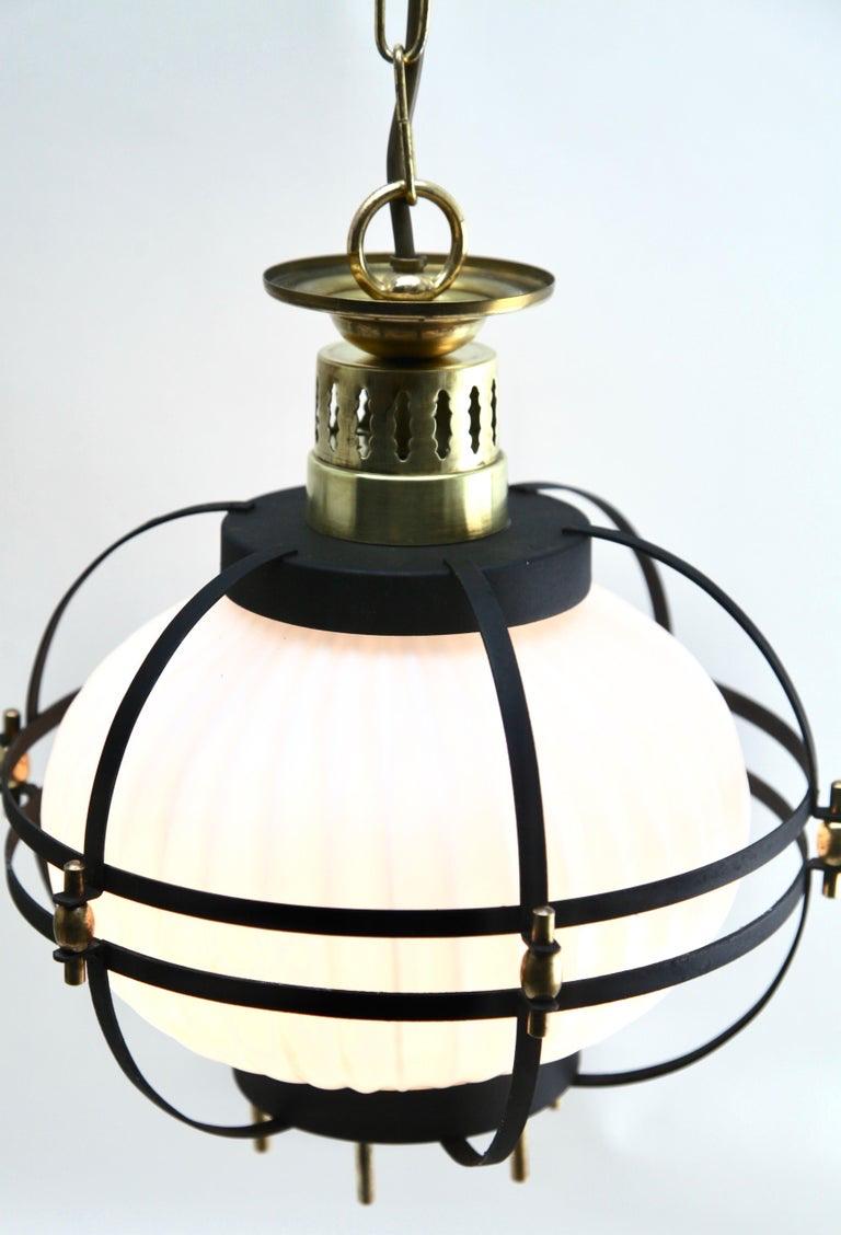 Belgian Midcentury Pendant Lobby Light Forget Metal and Opaline Lampshade For Sale