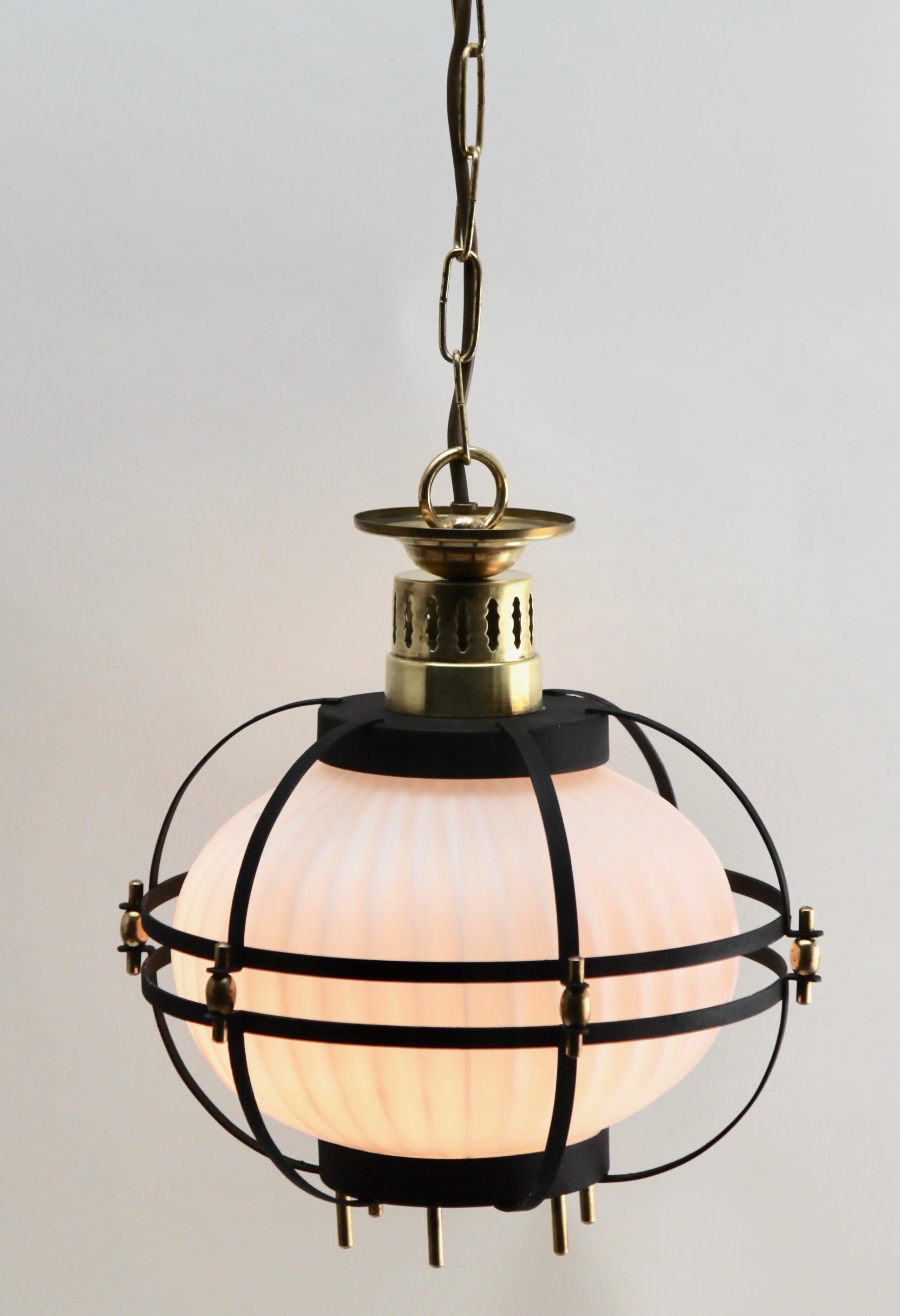 Forged Midcentury Pendant Lobby Light Forget Metal and Opaline Lampshade