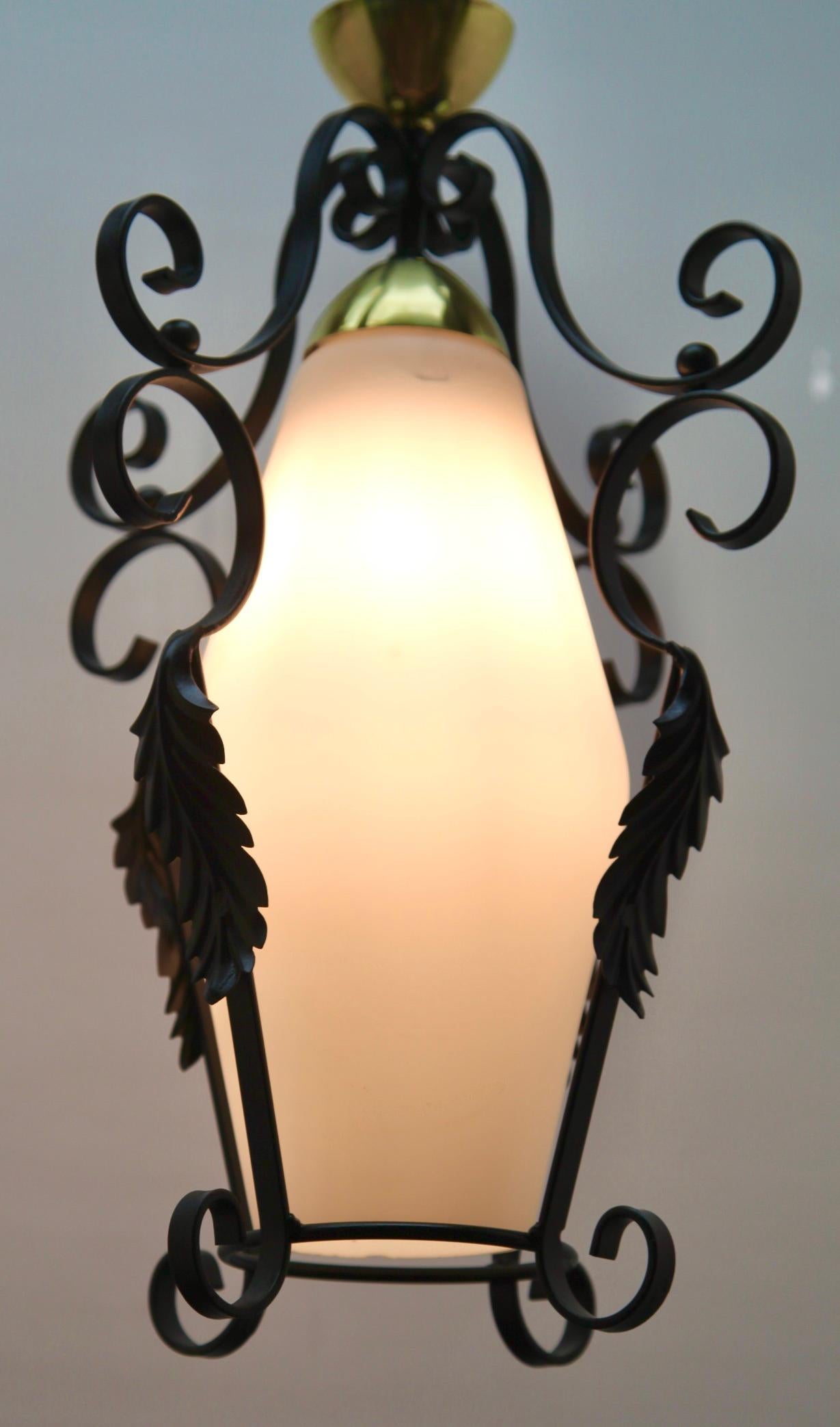 Forged Midcentury Pendant Lobby Light Forget Metal and Opaline Lampshade For Sale