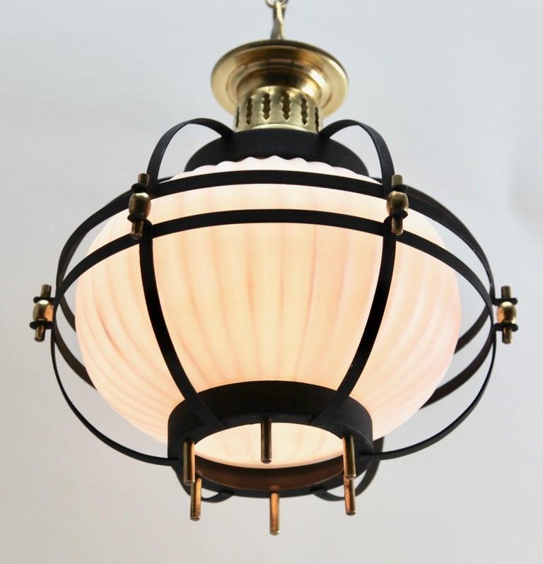 Machine-Made Midcentury Pendant Lobby Light Forget Metal and Opaline Lampshade For Sale