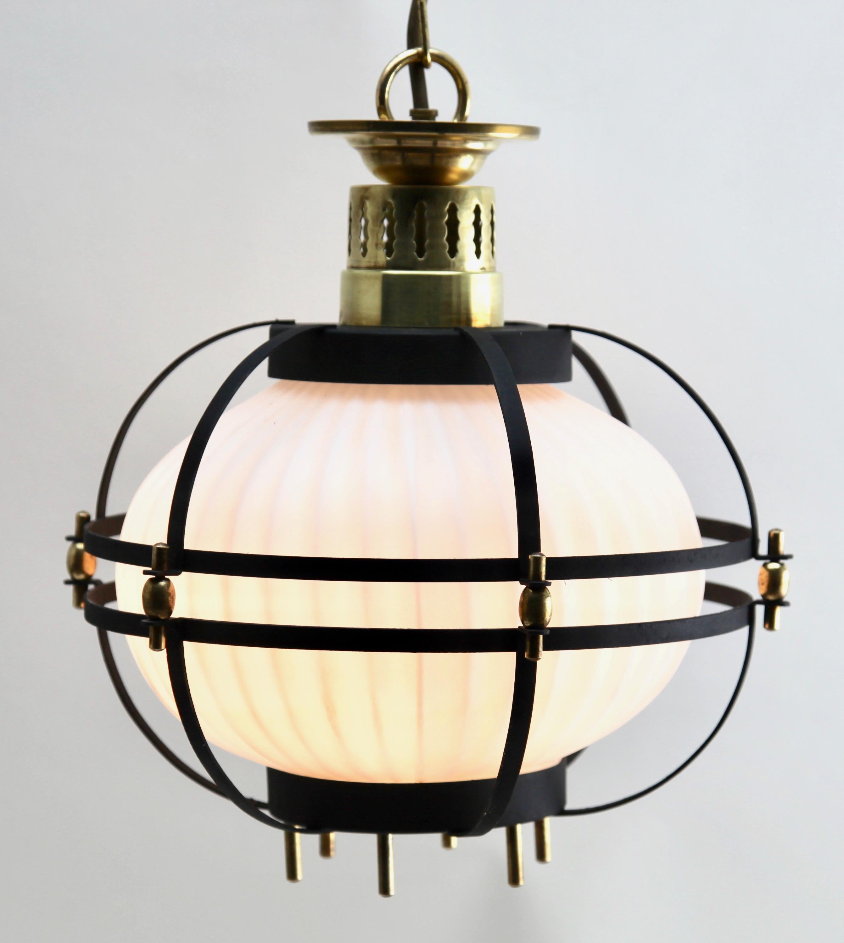 Midcentury Pendant Lobby Light Forget Metal and Opaline Lampshade In Good Condition In Verviers, BE