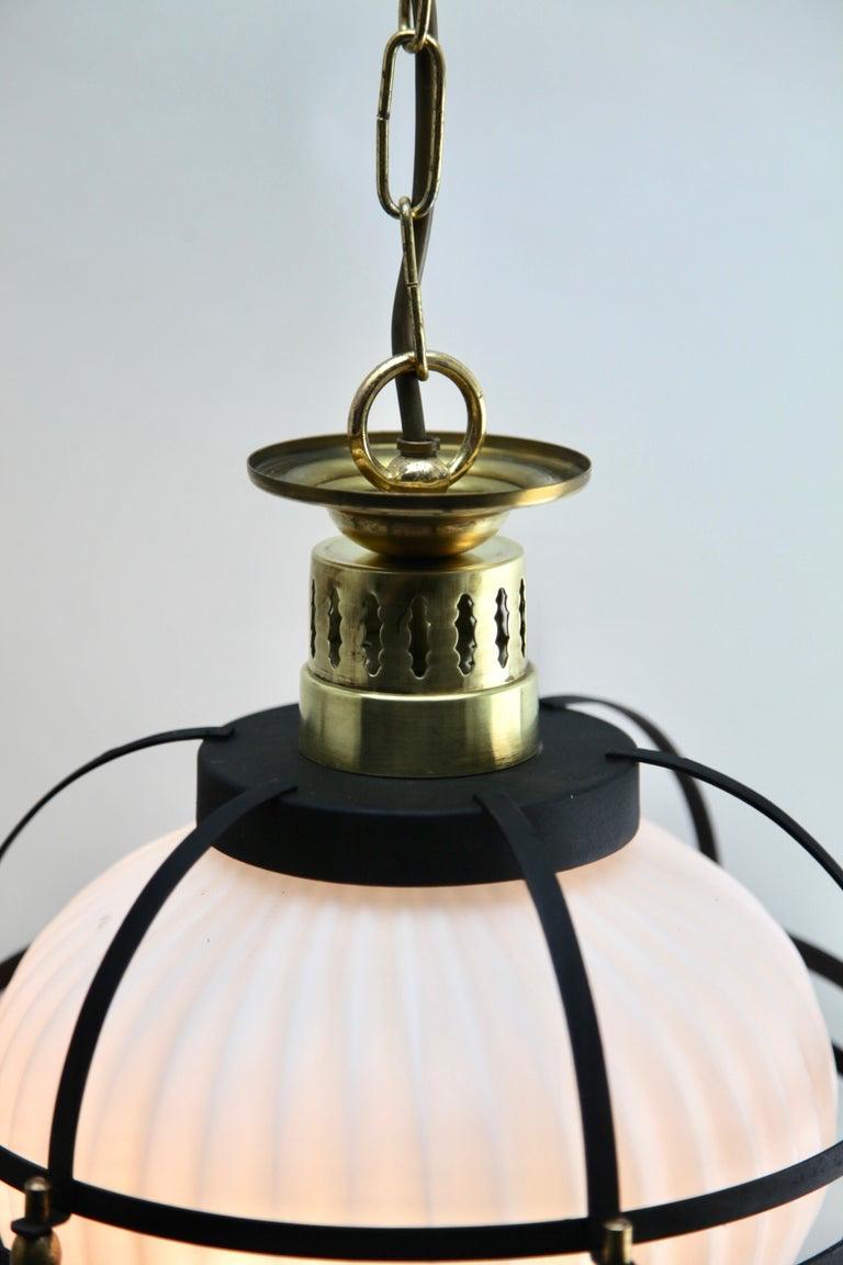 Mid-20th Century Midcentury Pendant Lobby Light Forget Metal and Opaline Lampshade For Sale