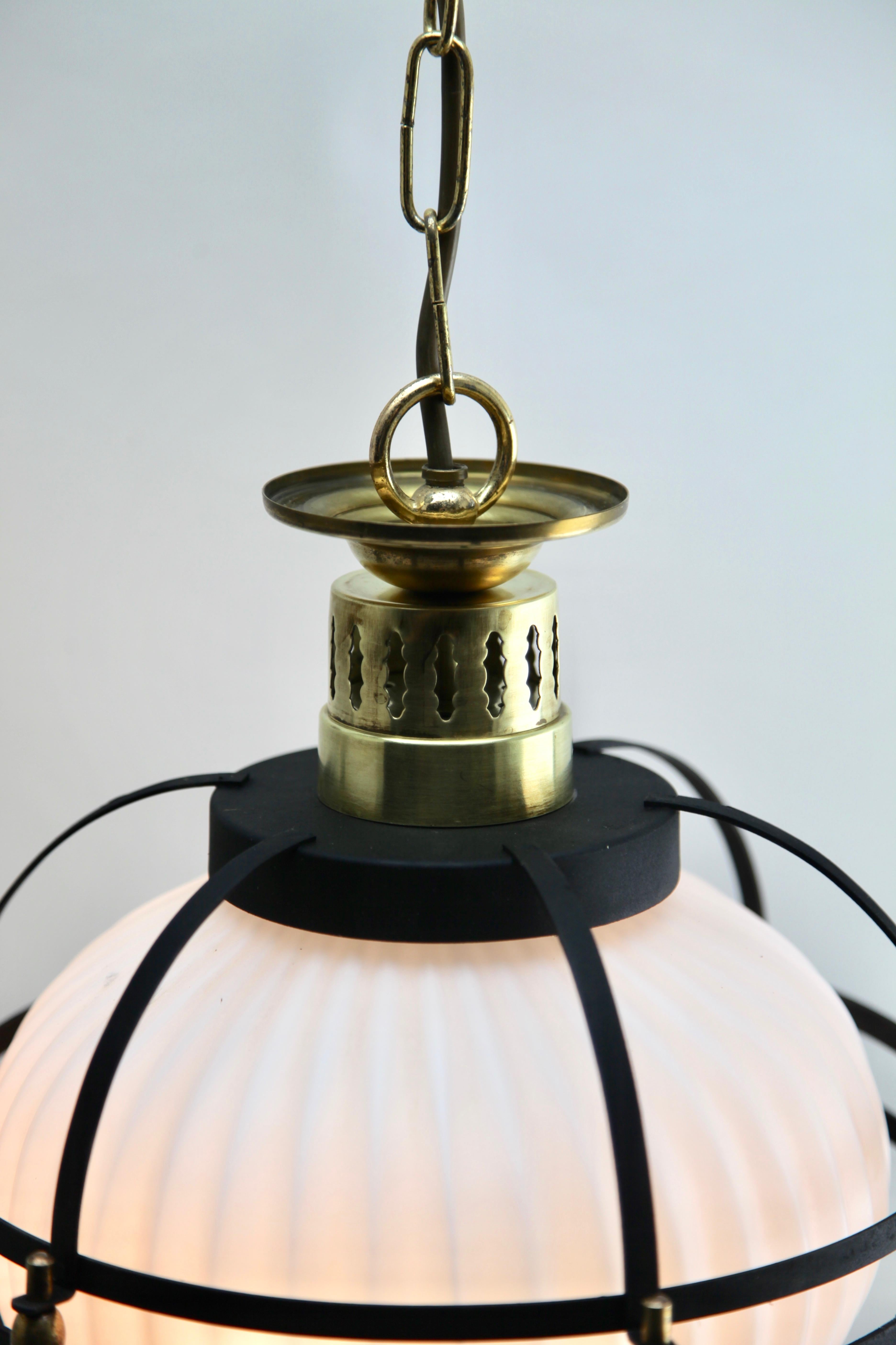 Midcentury Pendant Lobby Light Forget Metal and Opaline Lampshade 1