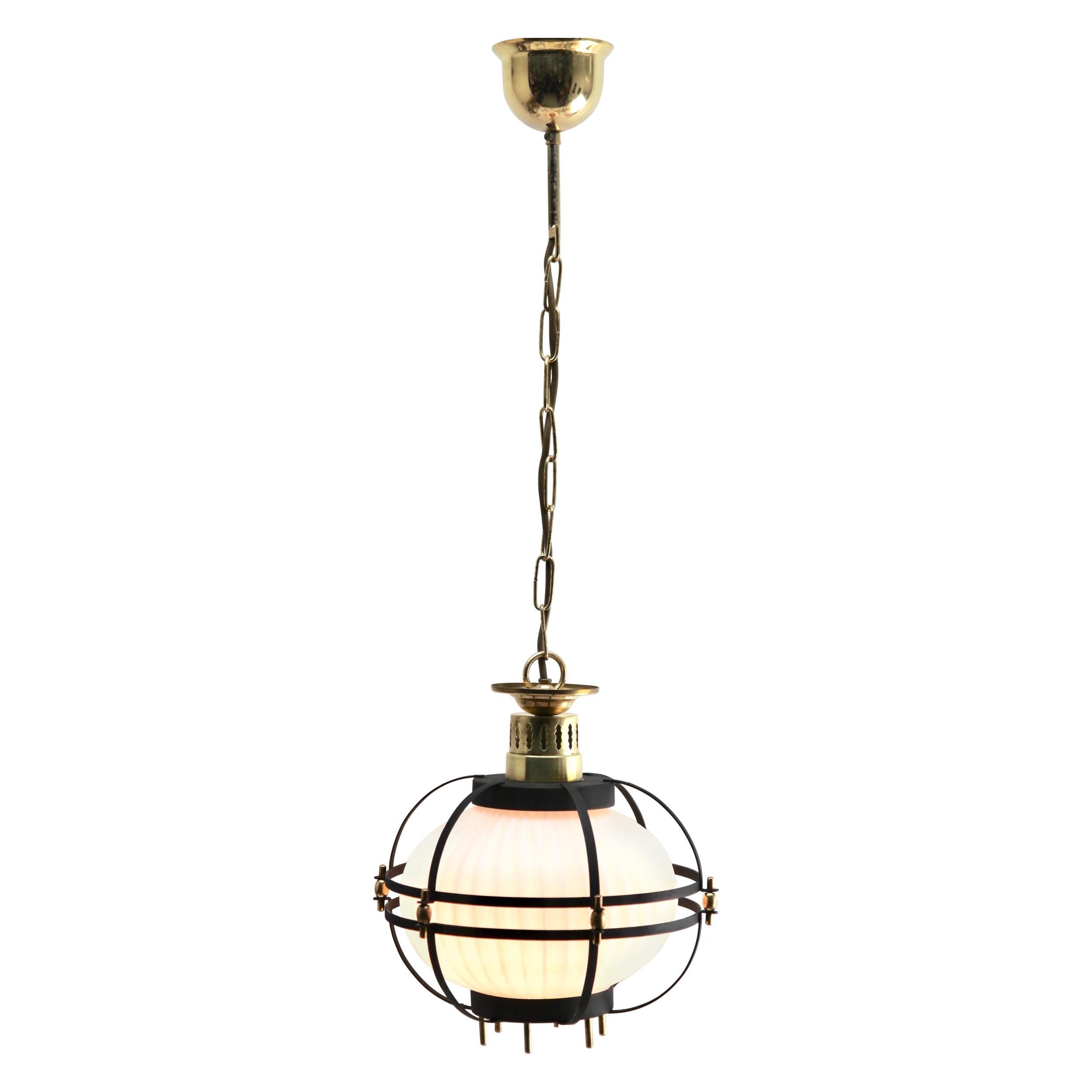 Midcentury Pendant Lobby Light Forget Metal and Opaline Lampshade