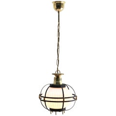 Midcentury Pendant Lobby Light Forget Metal and Opaline Lampshade