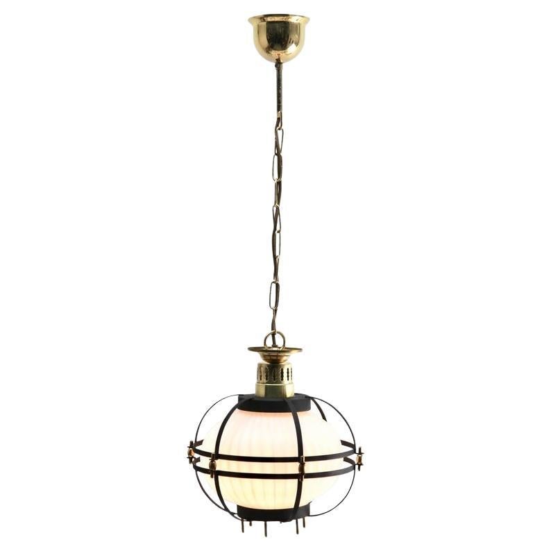 Midcentury Pendant Lobby Light Forget Metal and Opaline Lampshade