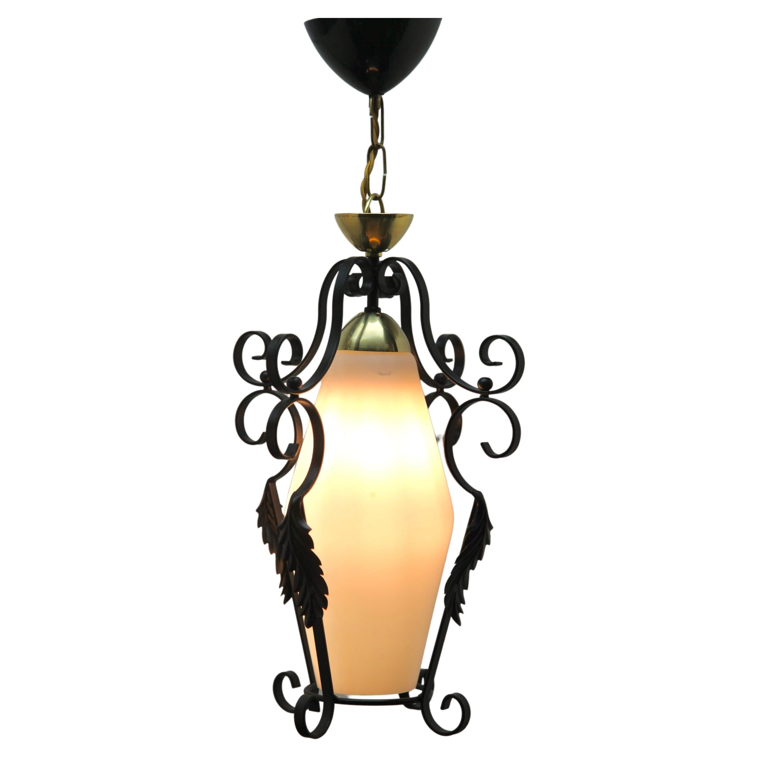Midcentury Pendant Lobby Light Forget Metal and Opaline Lampshade For Sale