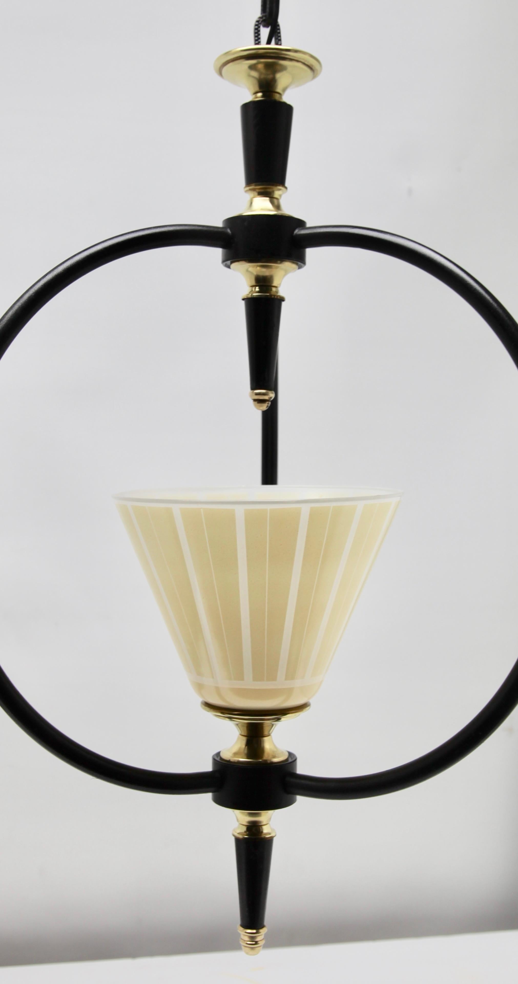 Midcentury Pendant Lobby Light Metal and Opaline Lampshade, 1950s For Sale 3