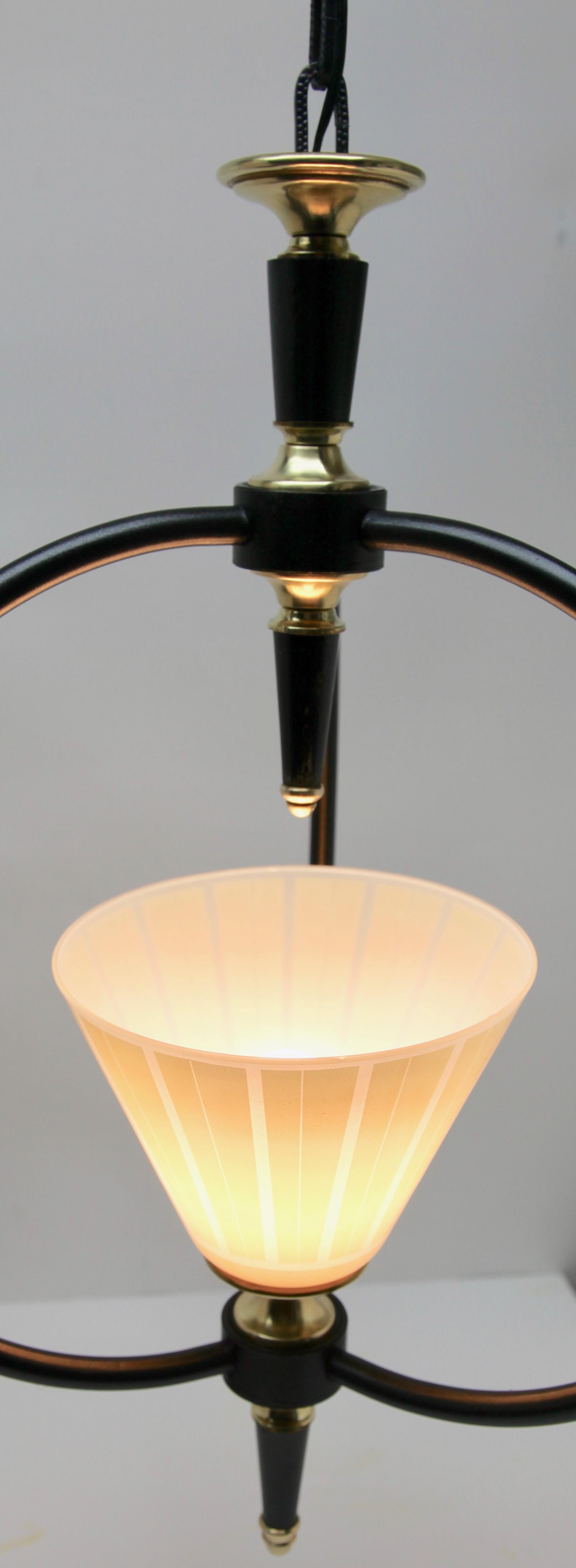 Midcentury Pendant Lobby Light Metal and Opaline Lampshade, 1950s For Sale 4