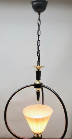 Midcentury Pendant Lobby Light Metal and Opaline Lampshade, 1950s