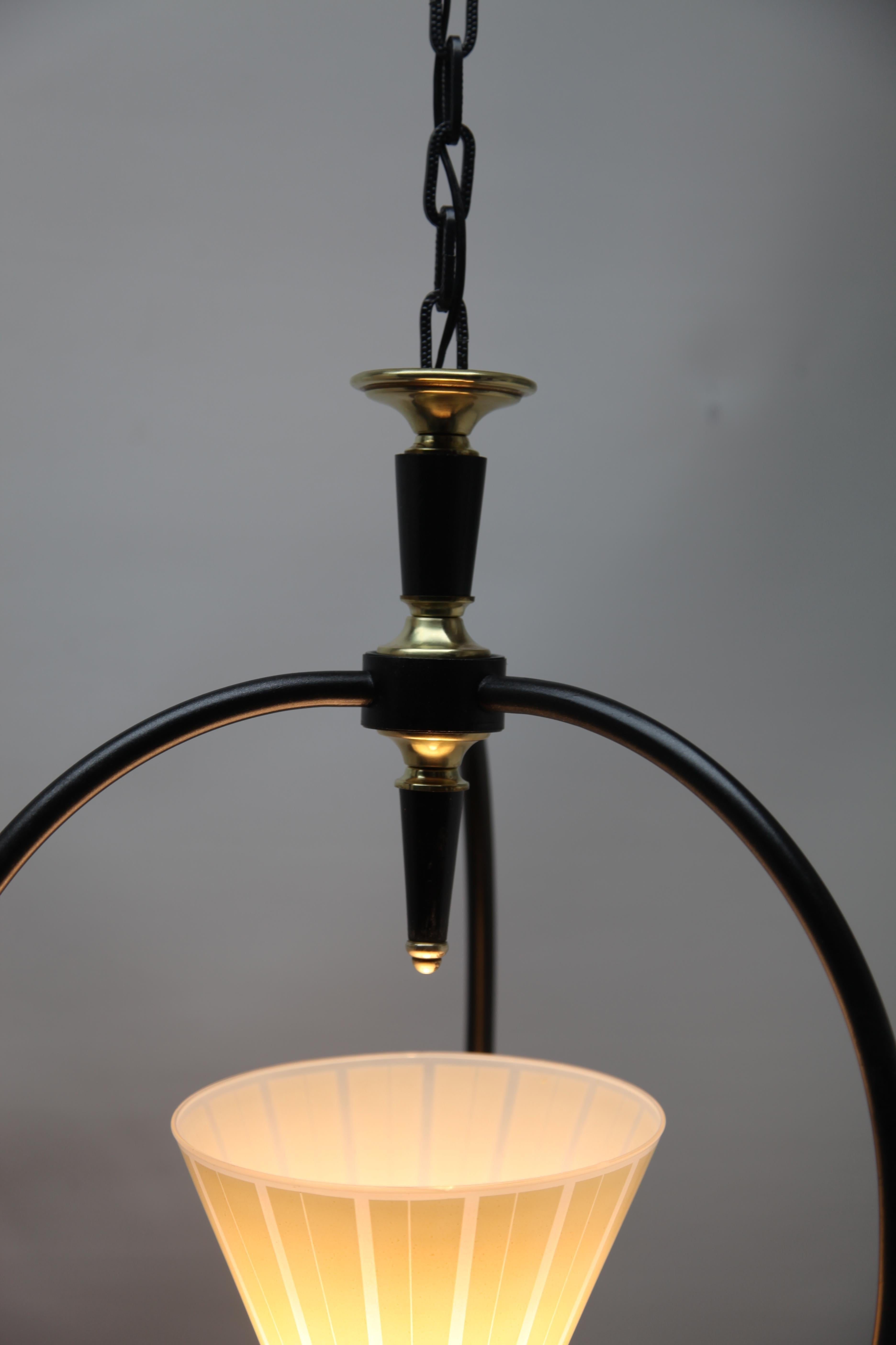 Mid-Century Modern Midcentury Pendant Lobby Light Metal and Opaline Lampshade, 1950s For Sale